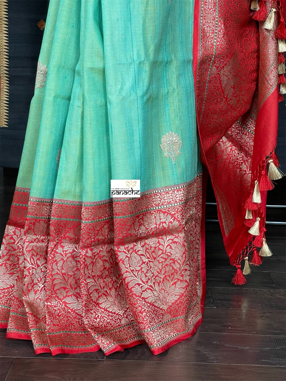 Pure Tassur Silk Banarasi - Sea Green Red