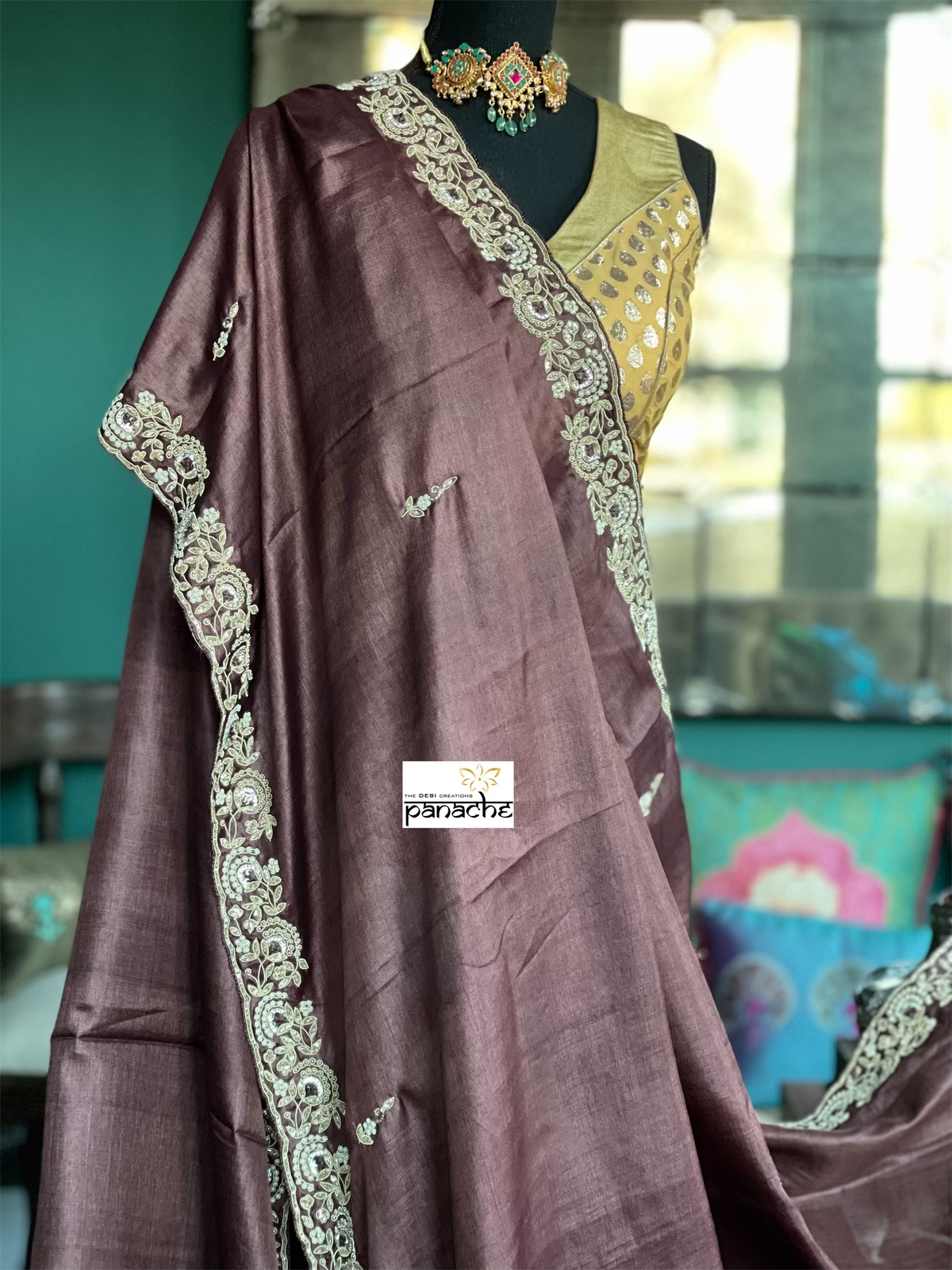 Designer Tussar Silk - Dark Coffee Brown Hand Embroidered