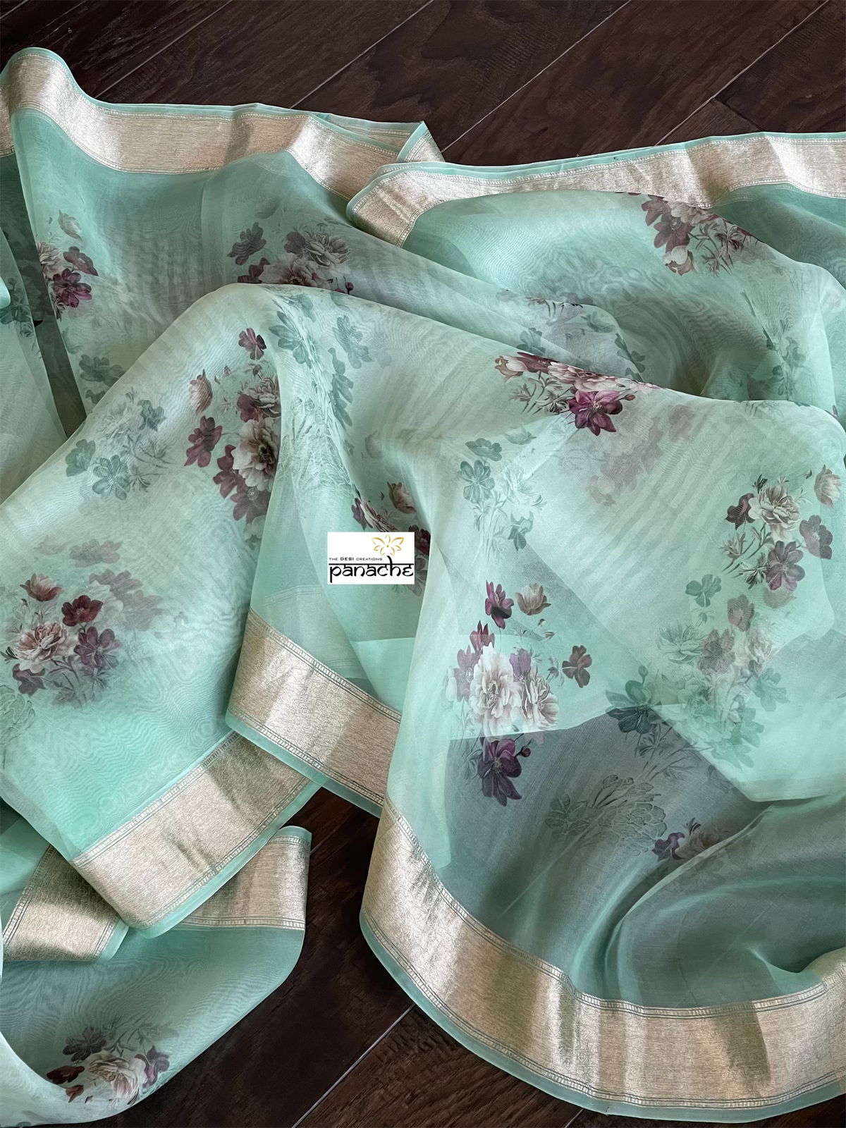 Banarasi Organza Floral - Mint Antique Golden Zari