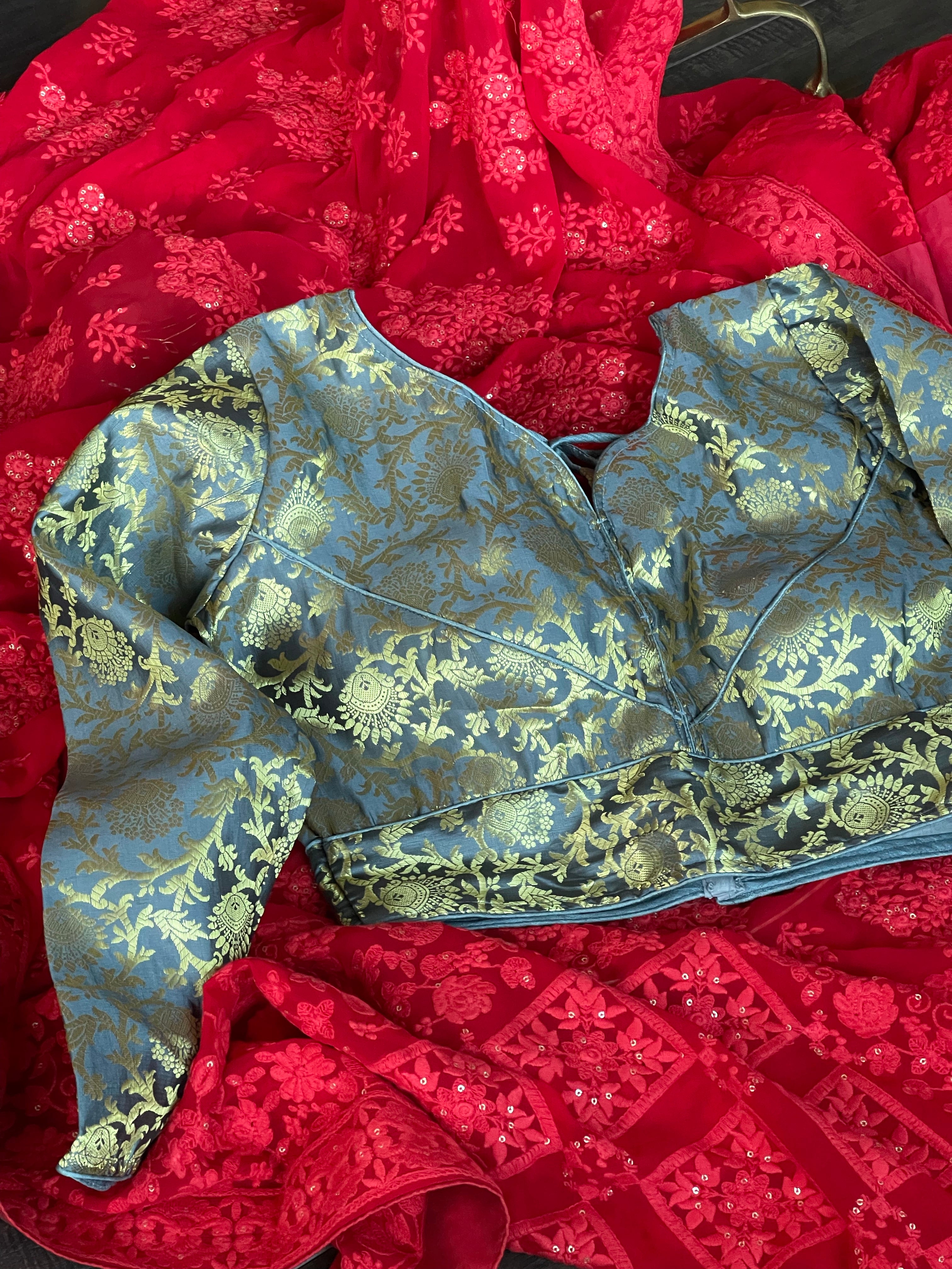 Designer Blouse - Blue Grey Brocade Full Sleeve