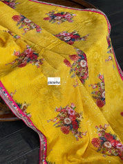 Designer Crepe Georgette Sequin Floral  - Yellow Red Pink