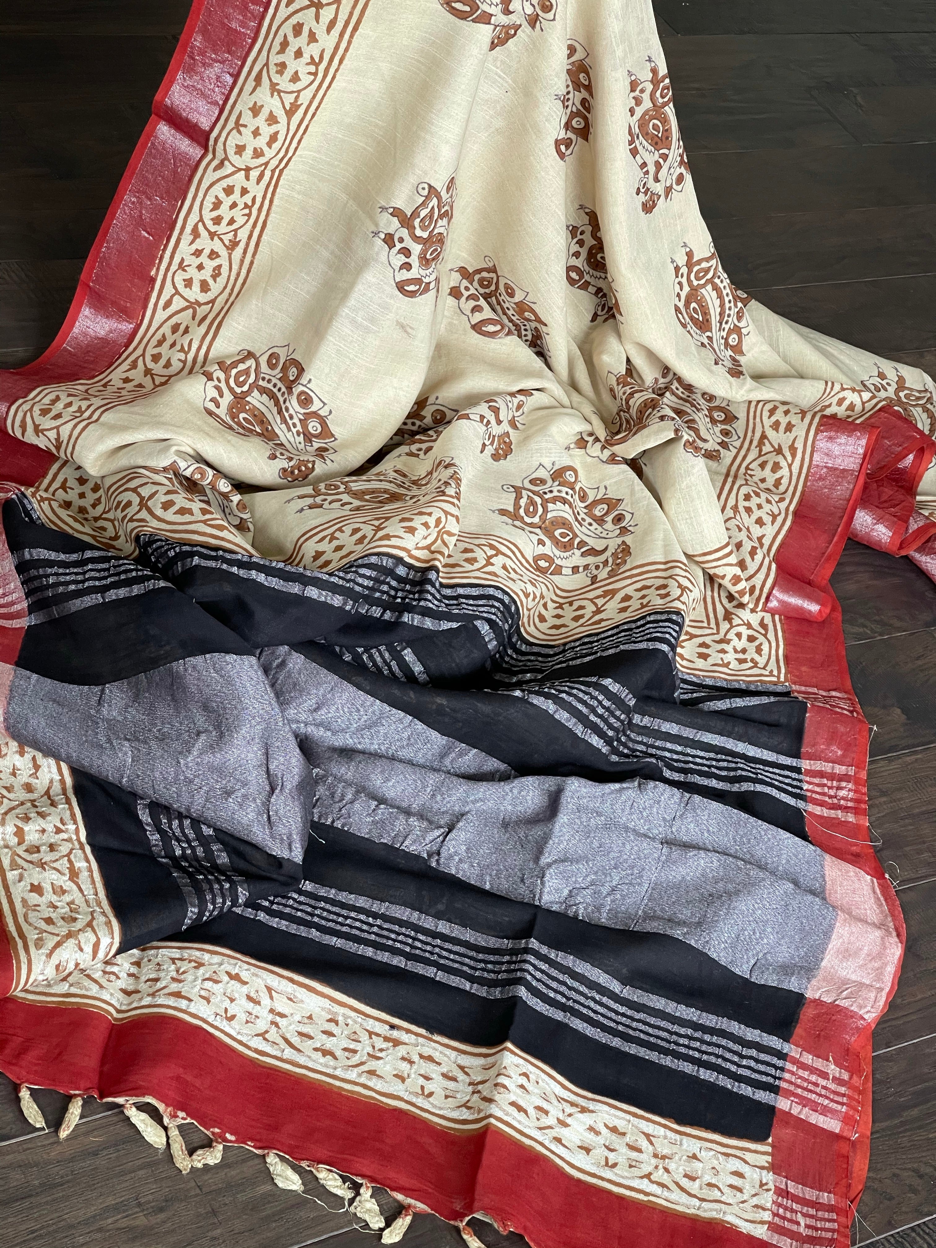 Linen Printed - Cream Beige Black