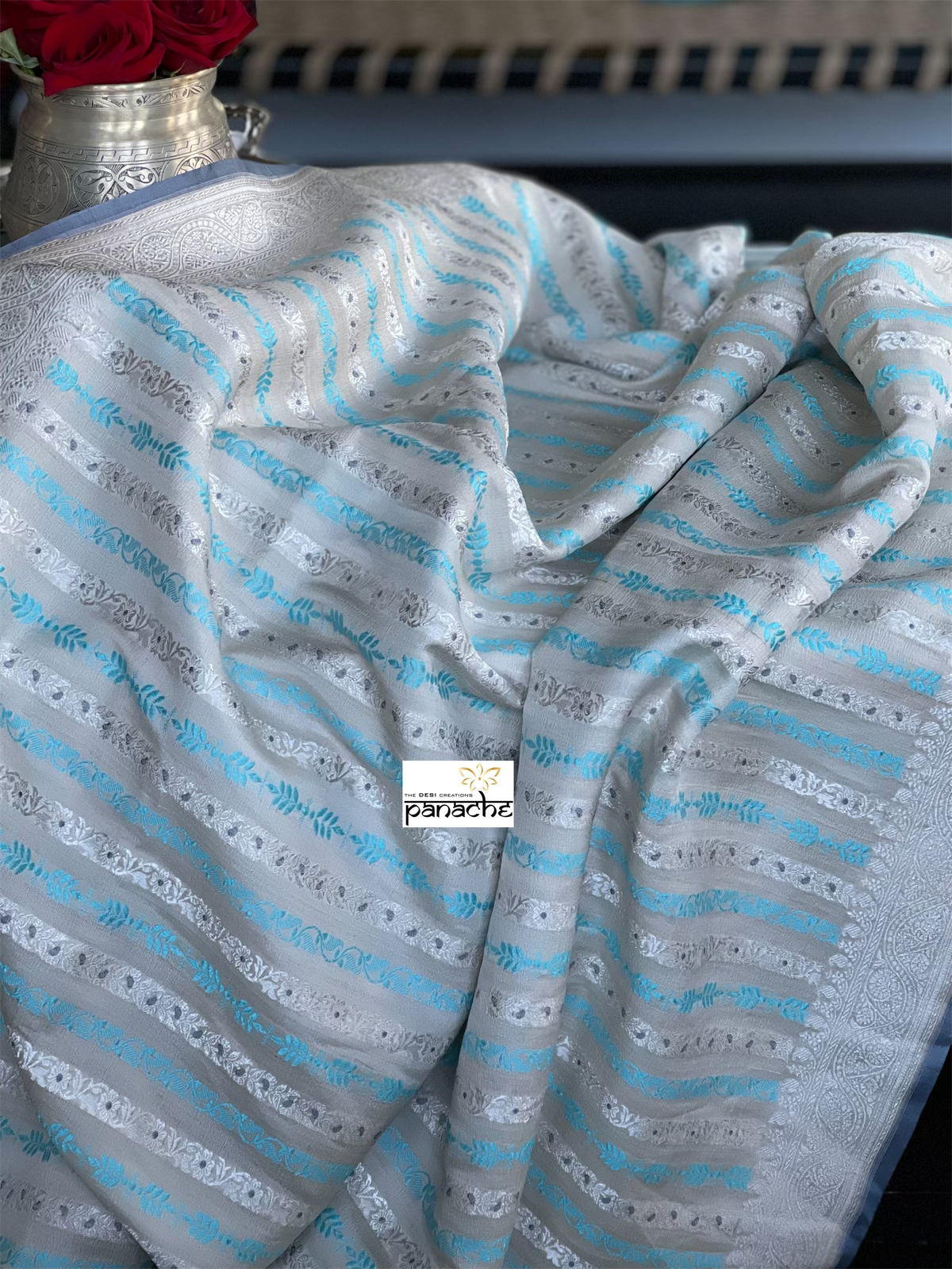 Khaddi Tussar Banarasi -  Off-White Grey Firozi