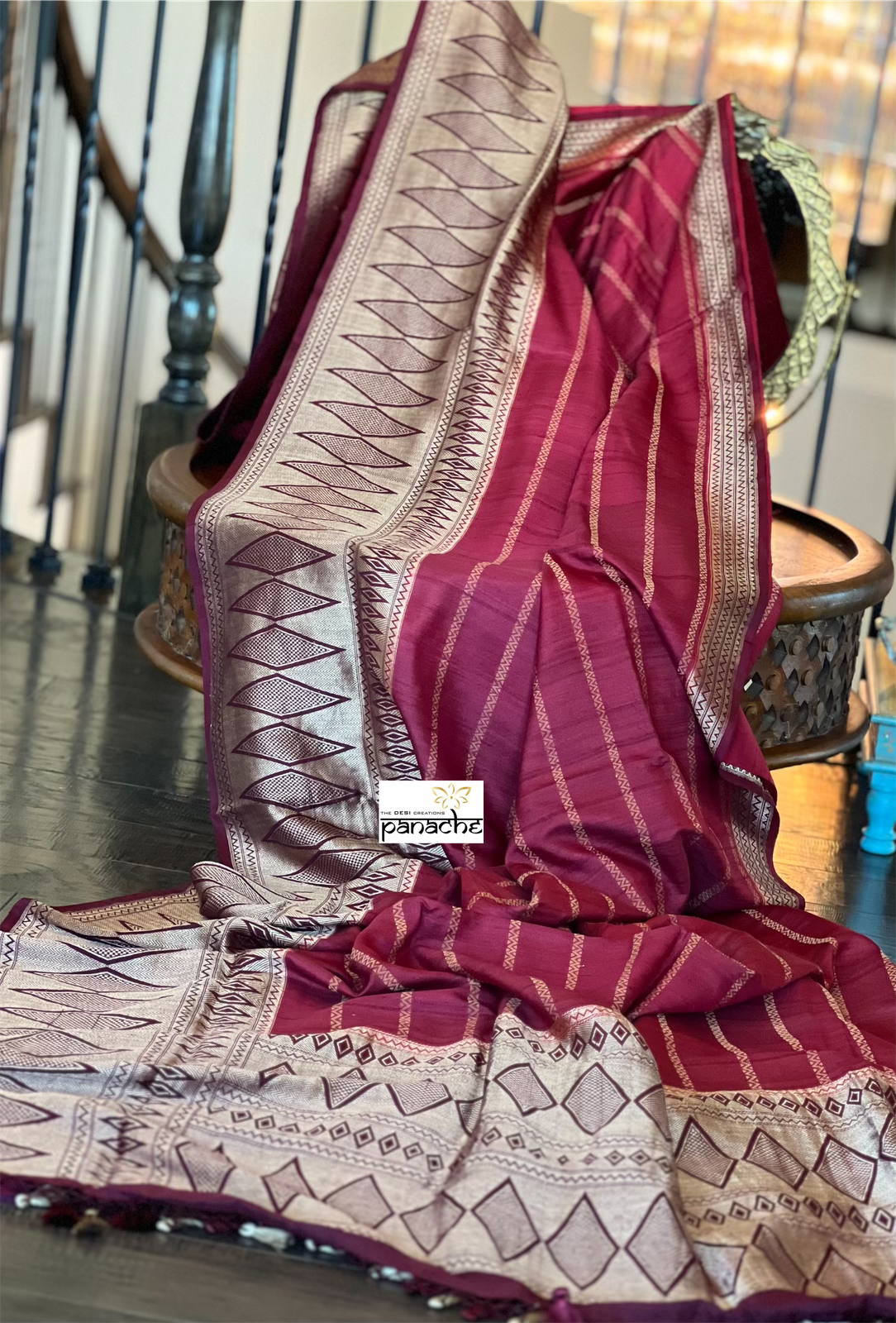 Tussar Silk Banarasi- Maroon Striped