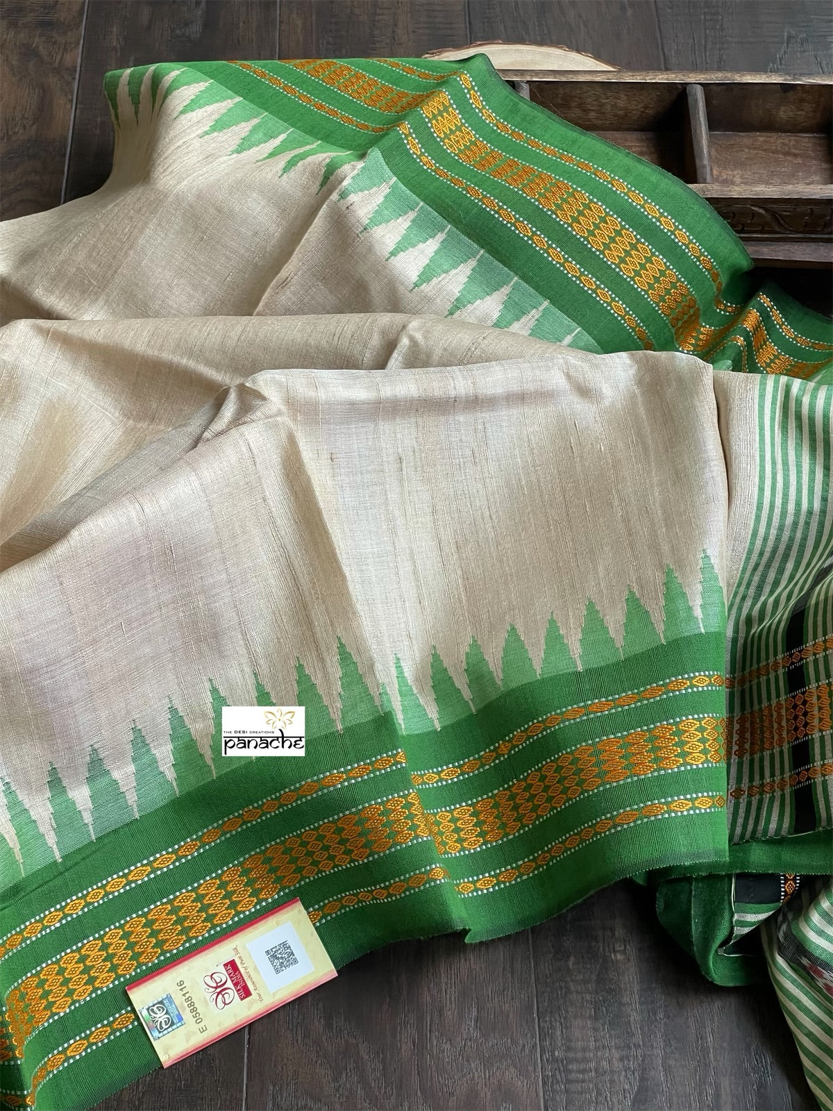Tussar Silk - Beige Green Mustard