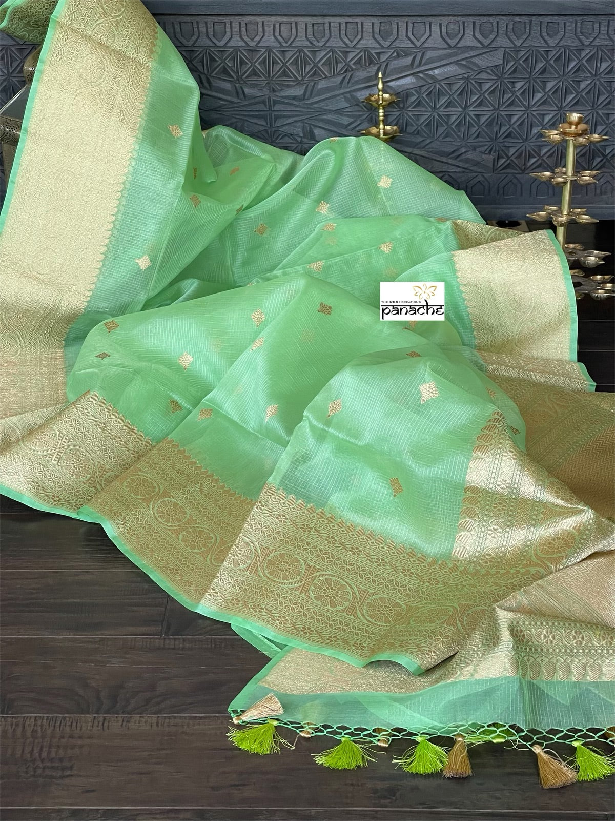 Organza Silk Banarsi - Green Zari Checkered Kadwa