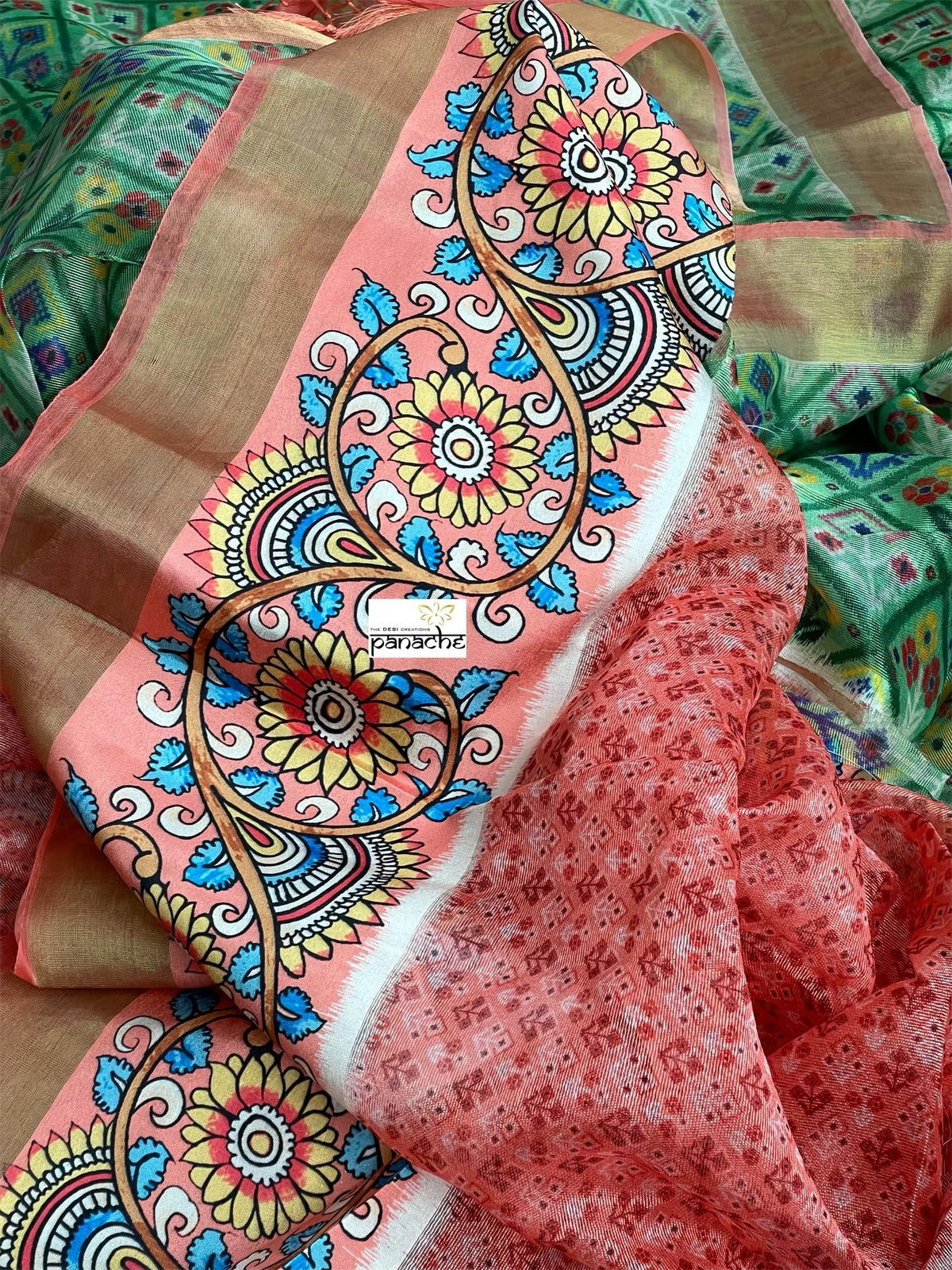 Tissue Kota Silk Printed - Green Orange