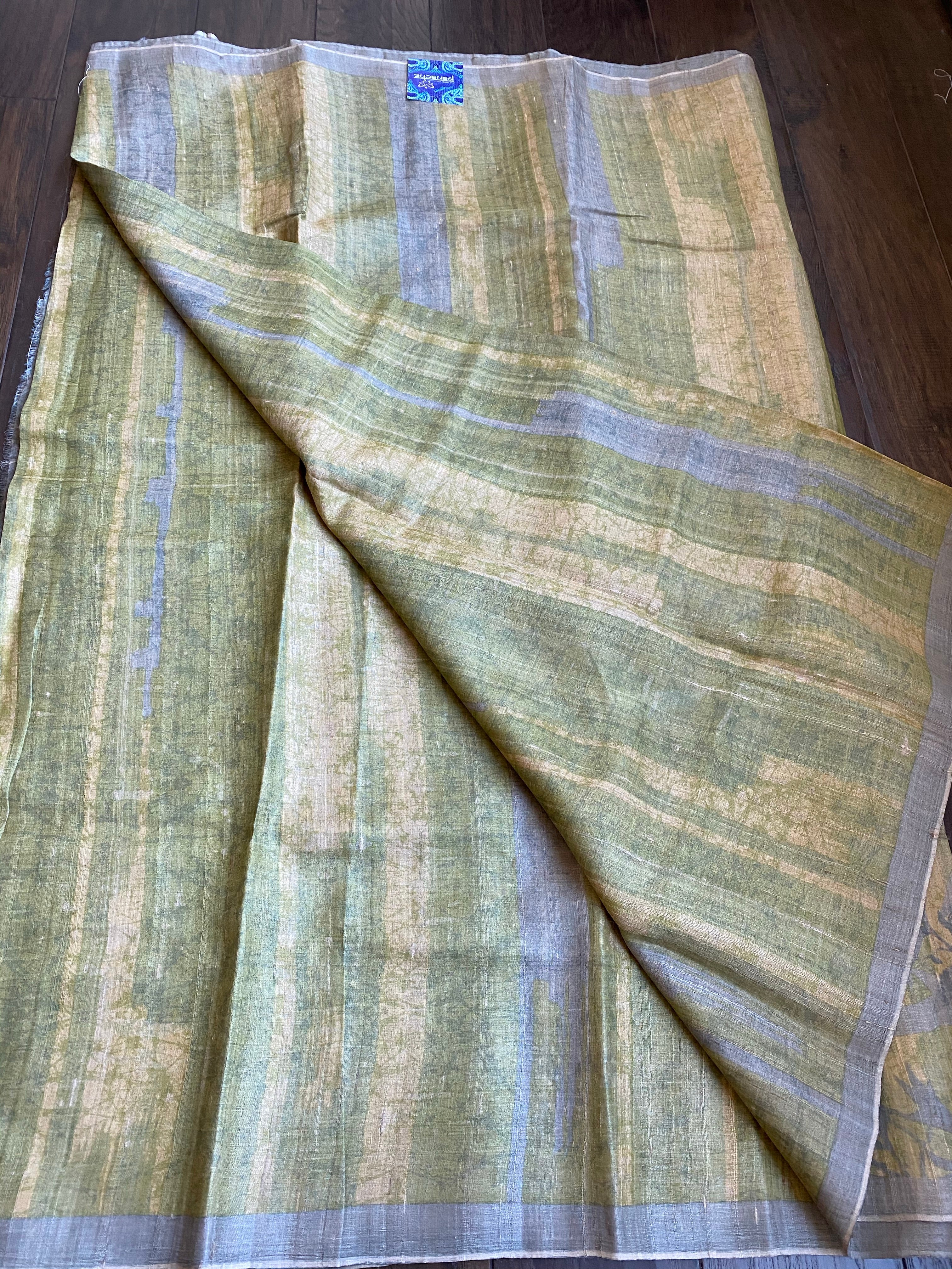 Pure Tussar Silk - Grey Pista Green Printed