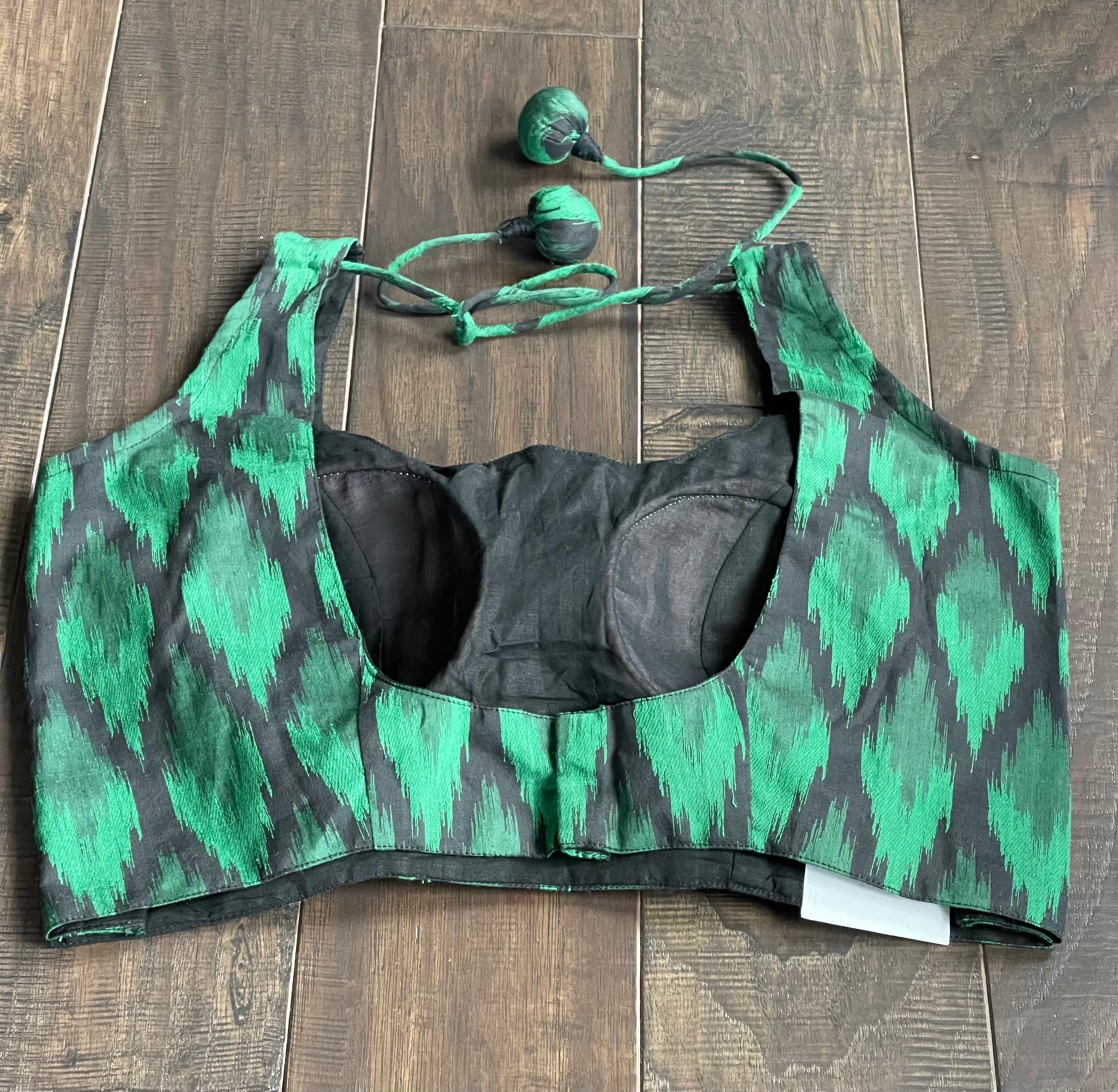 Designer Blouse - Black Green Ikat Print
