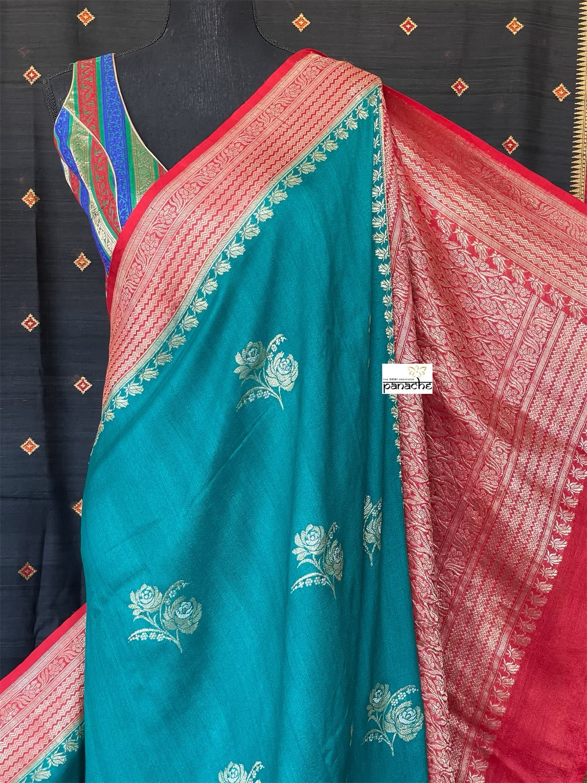 Tussar Georgette Banarasi - Rama Green Red Kadwa