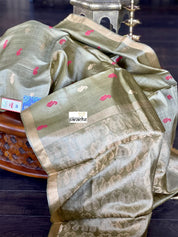 Pure Tussar Silk Woven - Light Moss Grey resham woven