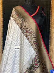 Pure Katan Silk Banarasi - Offwhite Black Checkered Kadwa Woven
