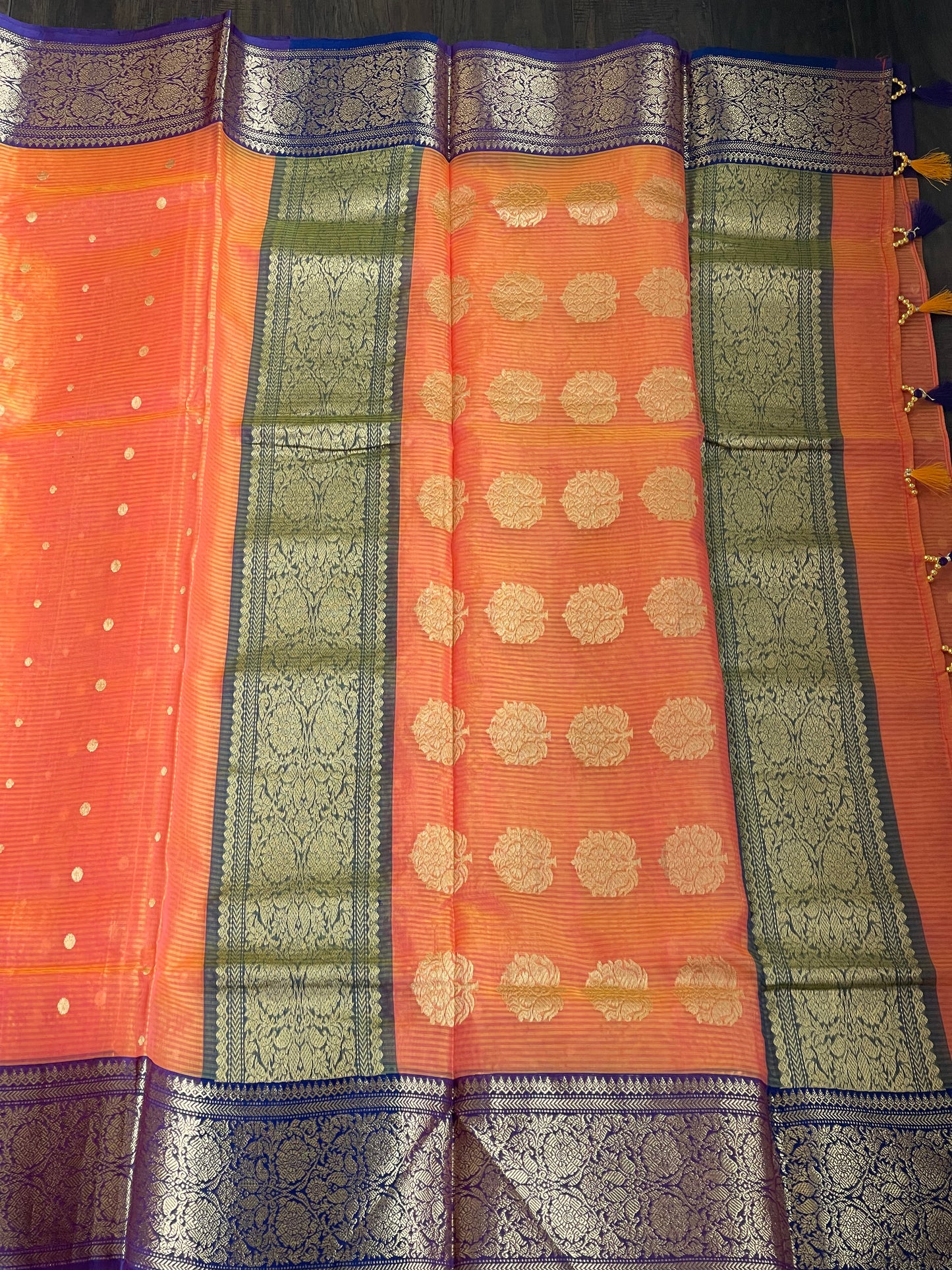 Pure Chanderi Organza Silk - Orange Pink Dual shaded Eknalya