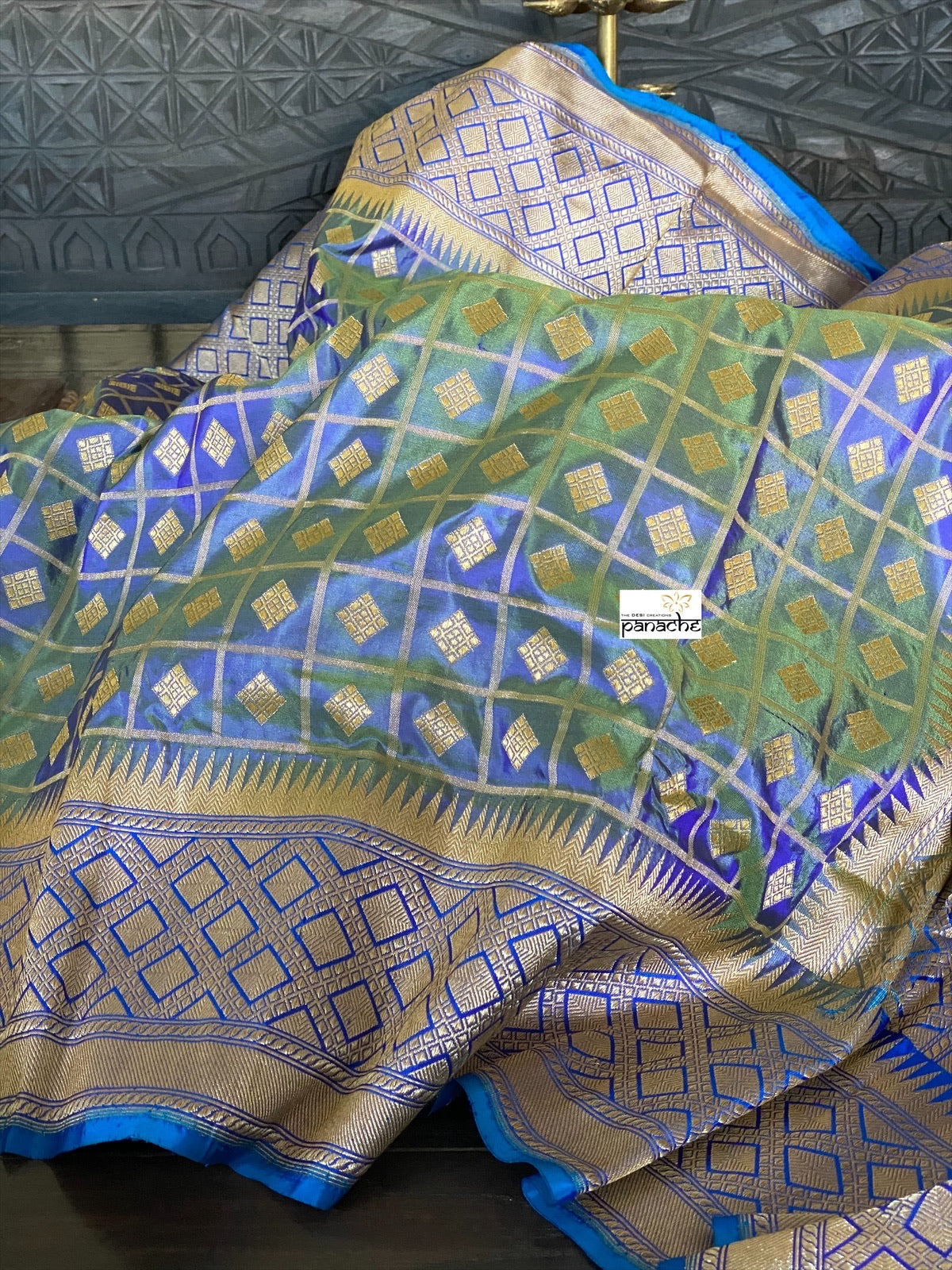 Katan Silk Banarasi - Metallic Blue checkered