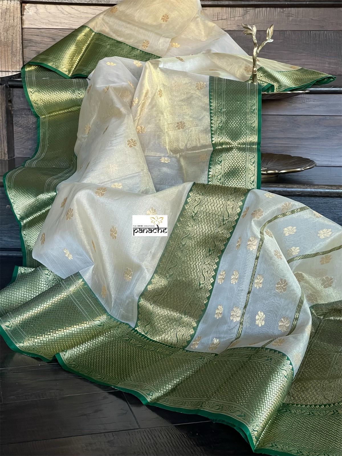 Pure Chanderi Tissue Organza Silk - Golden Beige Green Iknaliya