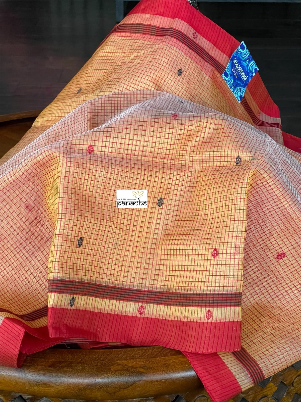 Pure Chanderi Organza Silk - Yellow Red Checkered