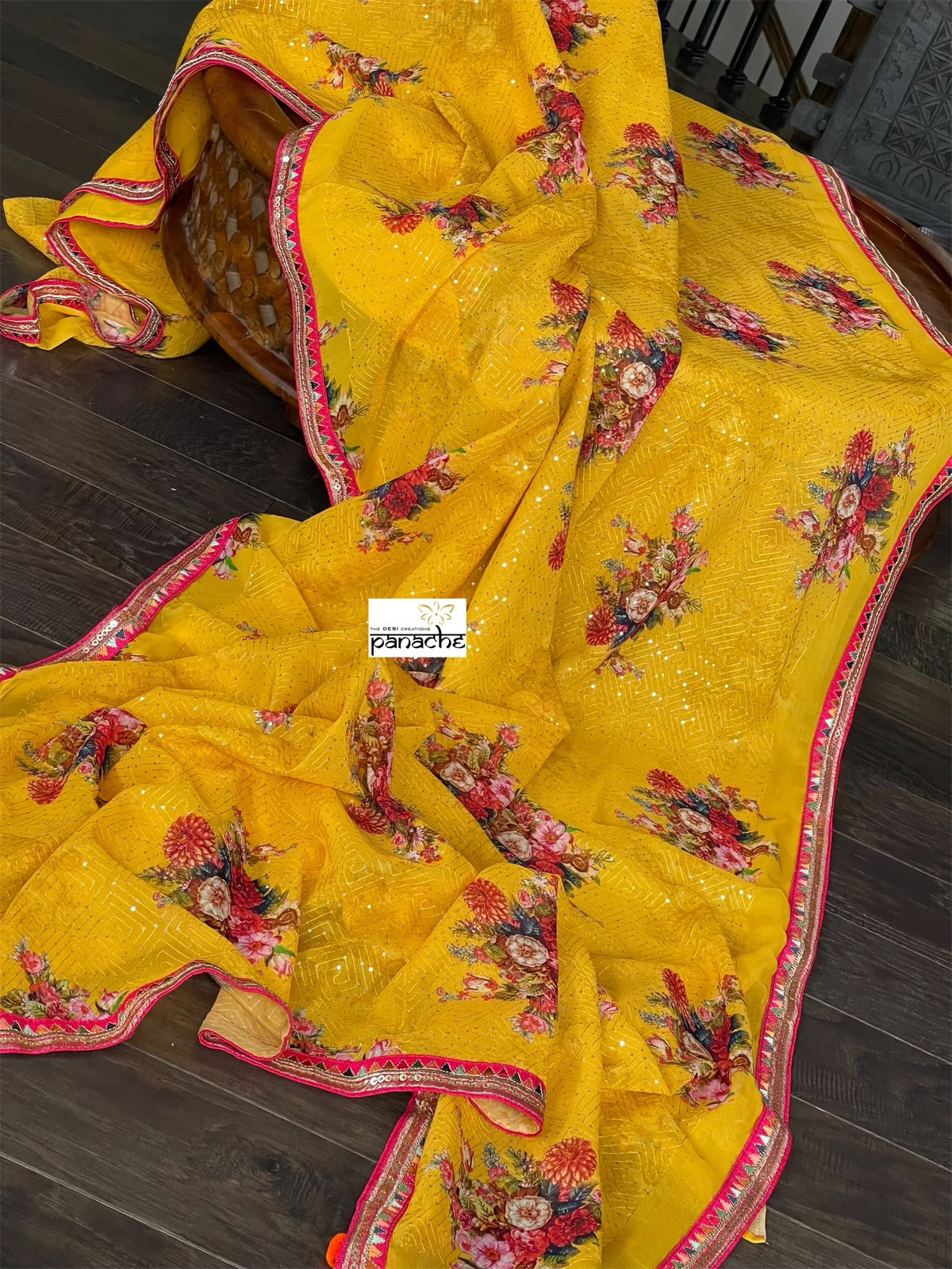 Designer Crepe Georgette Sequin Floral  - Yellow Red Pink