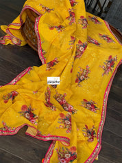 Designer Crepe Georgette Sequin Floral  - Yellow Red Pink