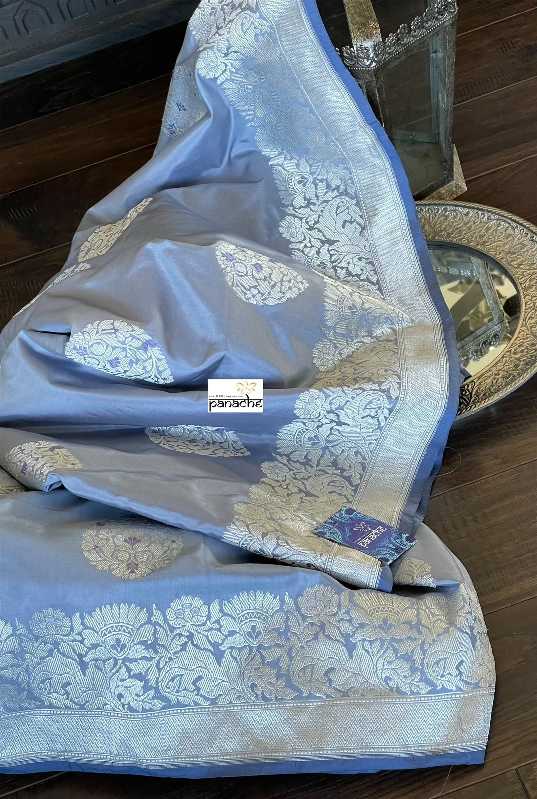 Pure Katan Silk Banarasi - Bluish Grey Meenakari Kadwa