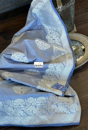 Pure Katan Silk Banarasi - Bluish Grey Meenakari Kadwa