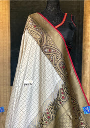 Pure Katan Silk Banarasi - Offwhite Black Checkered Kadwa Woven