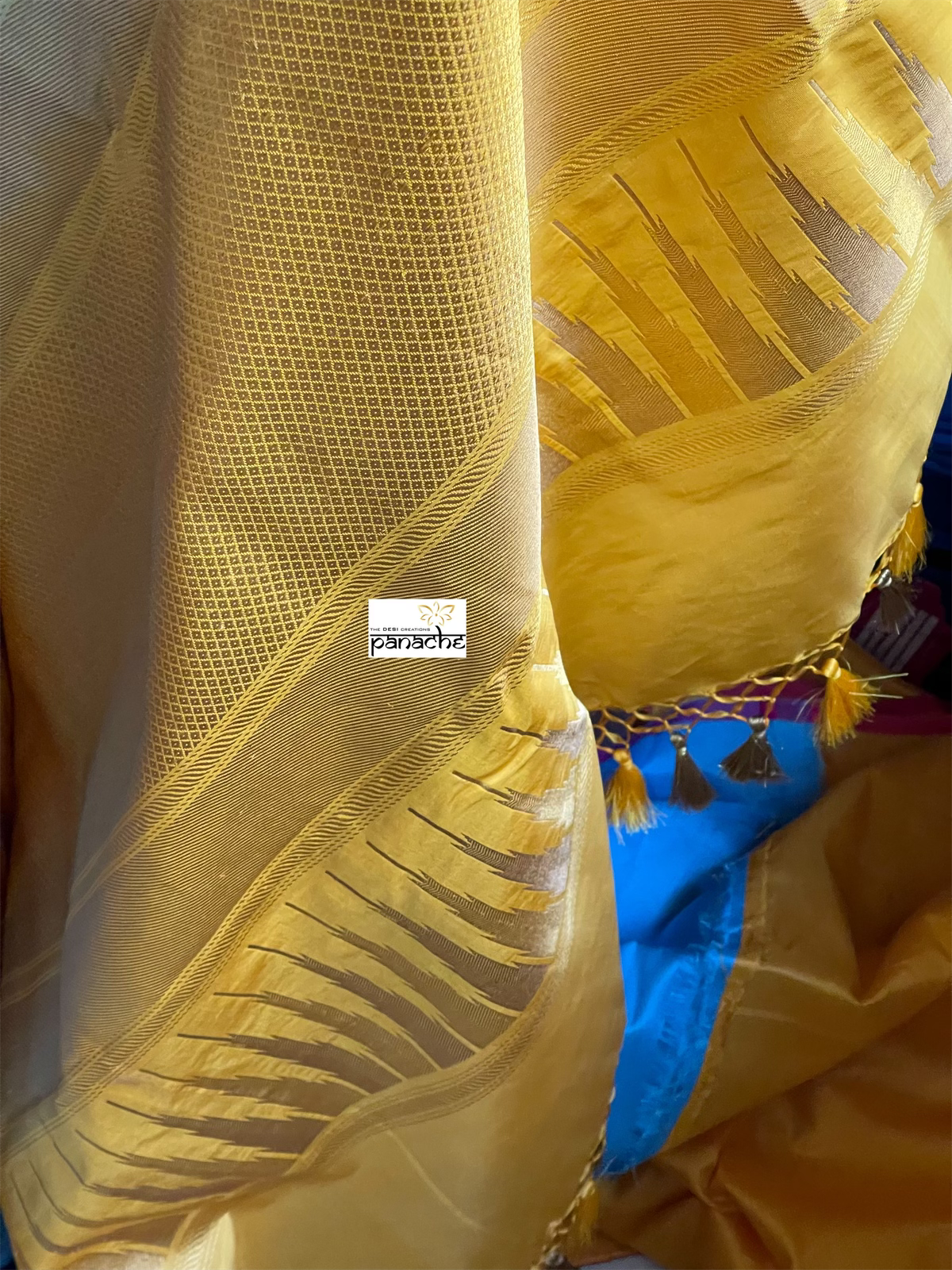 Pure Silk Katan Banarasi - Blue Yellow Kadwa