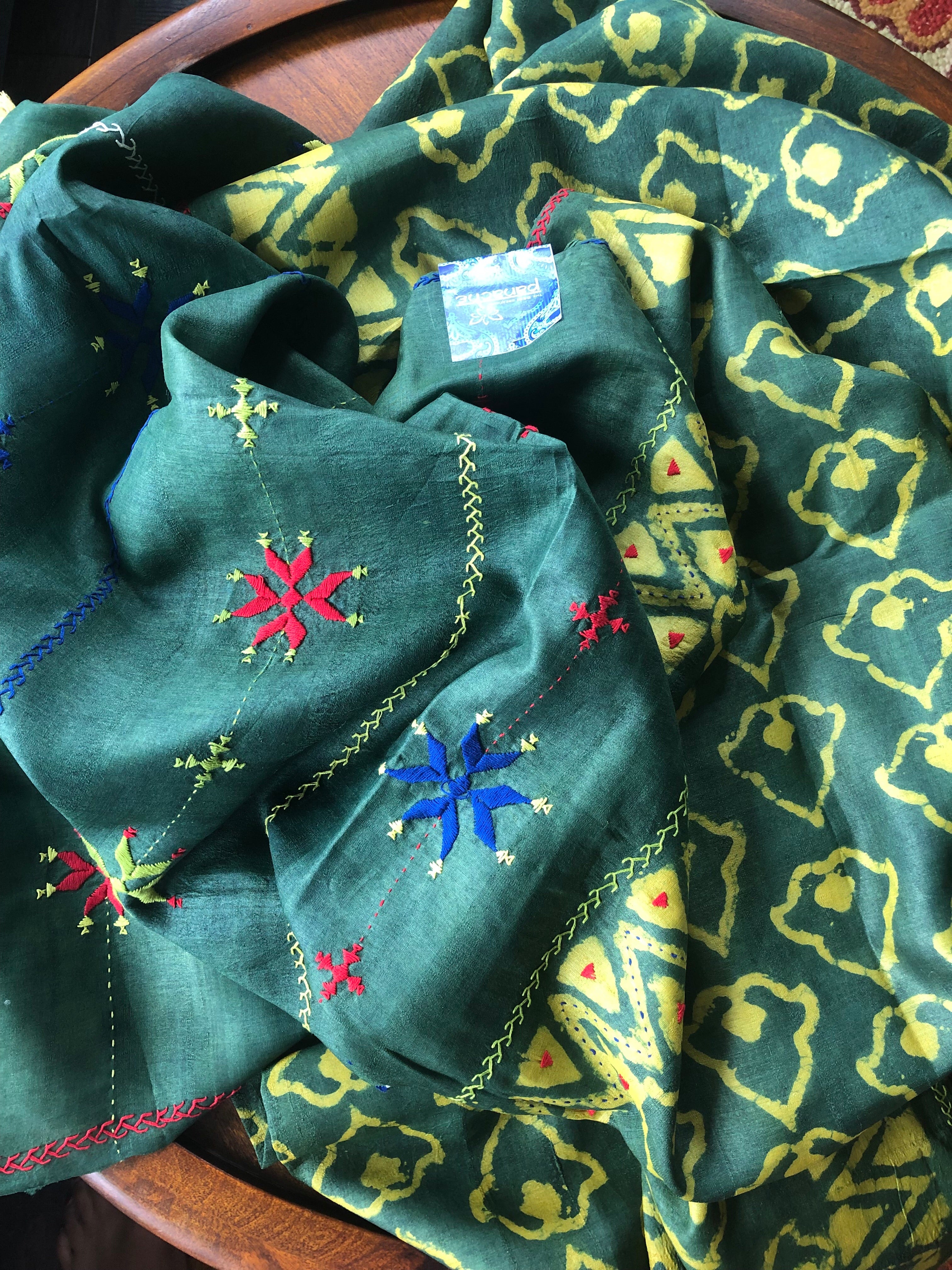 Pure Tussar Silk - Bottle Green Yellow Printed Kantha Stitch