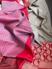 Pure Katan Silk Banarasi - Grey Red