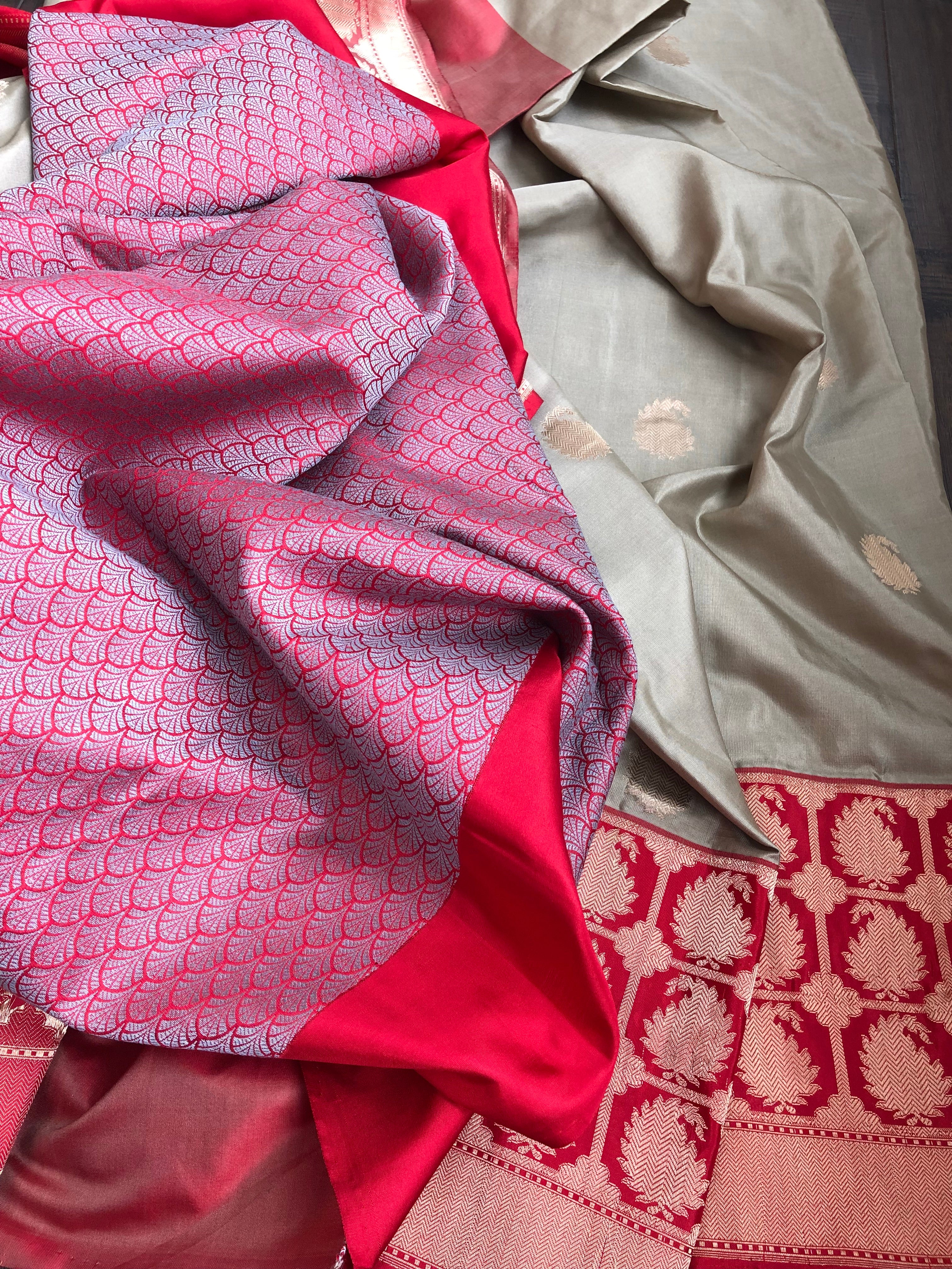 Pure Katan Silk Banarasi - Grey Red