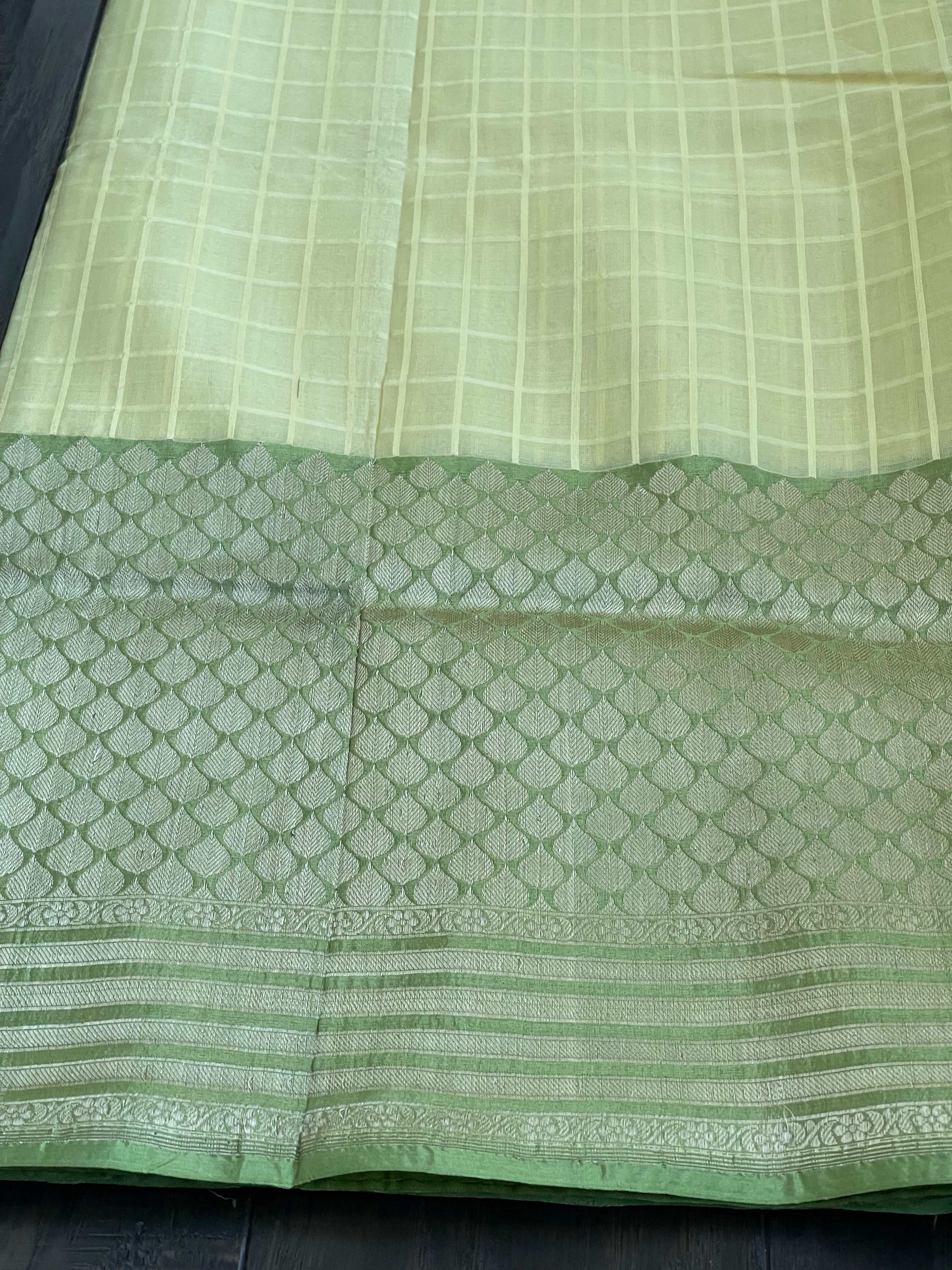 Organza Silk Banarasi - Light Lemon Yellow Green Kadwa woven