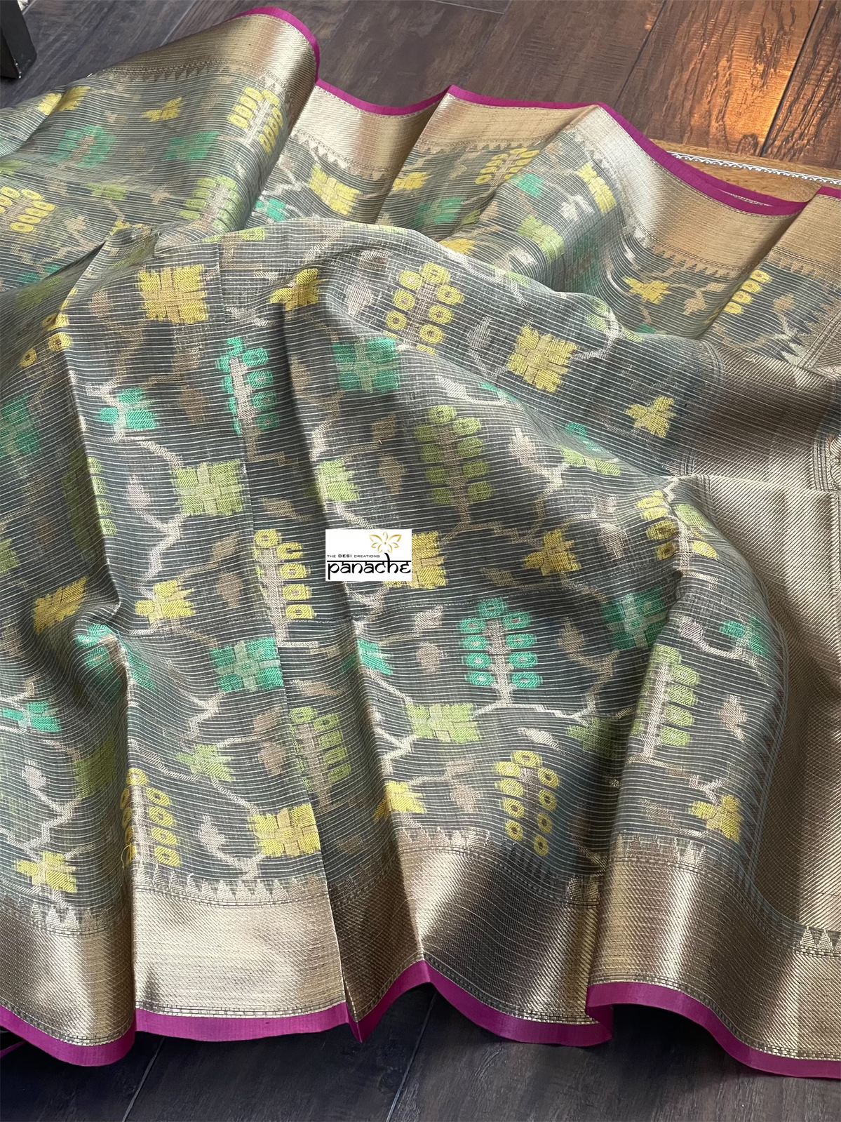 Cotton Silk Banaras Chanderi - Grey Yellow Green Woven
