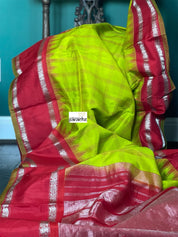 Silk Gadwal - Lime Green Red Checkered Golden Zari