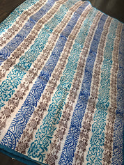 Tussar Silk - Printed Offwhite Firozi Royal Blue