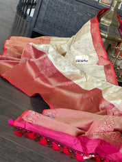 Pure Katan Silk Checkered Banarasi - Golden Beige Magenta Red Kadwa woven