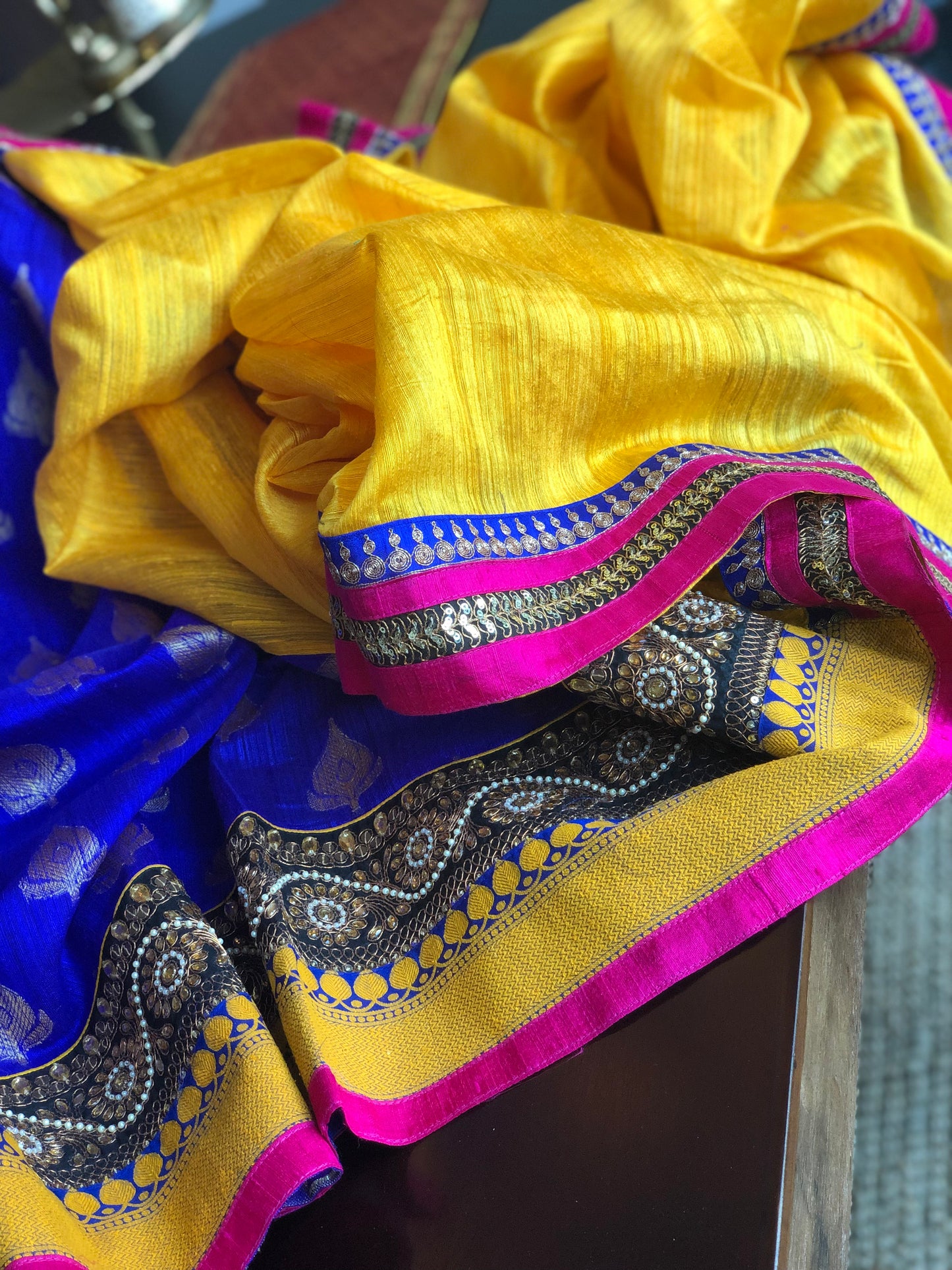 Designer Tussar Silk - Yellow Blue Half Half