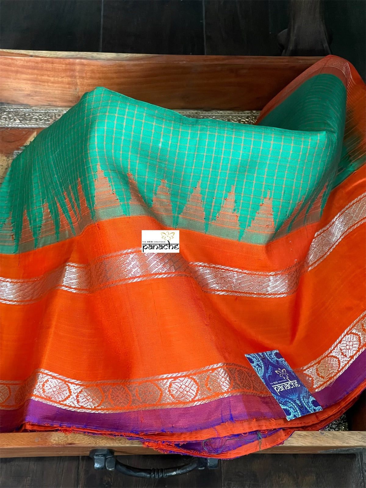 Silk Gadwal - Green Orange Checkered Golden Zari