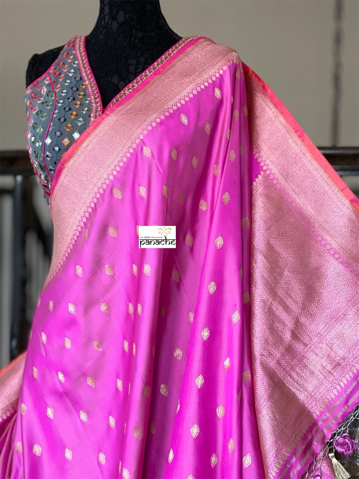 Pure Silk Ektara Banarasi - Hot Pink Antique Golden Zari