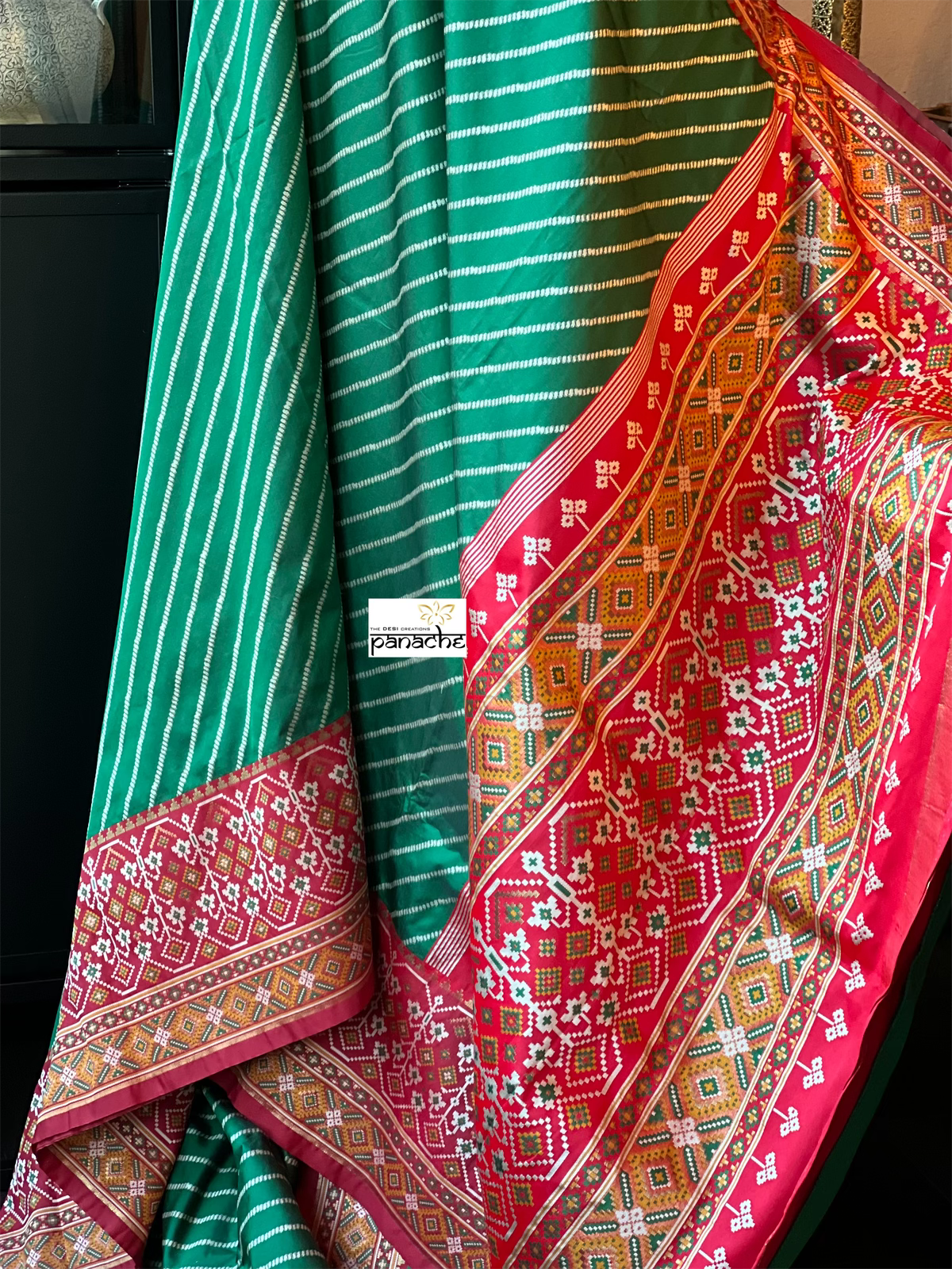 Soft Silk Patola Banarasi - Green Red Antique Golden Zari