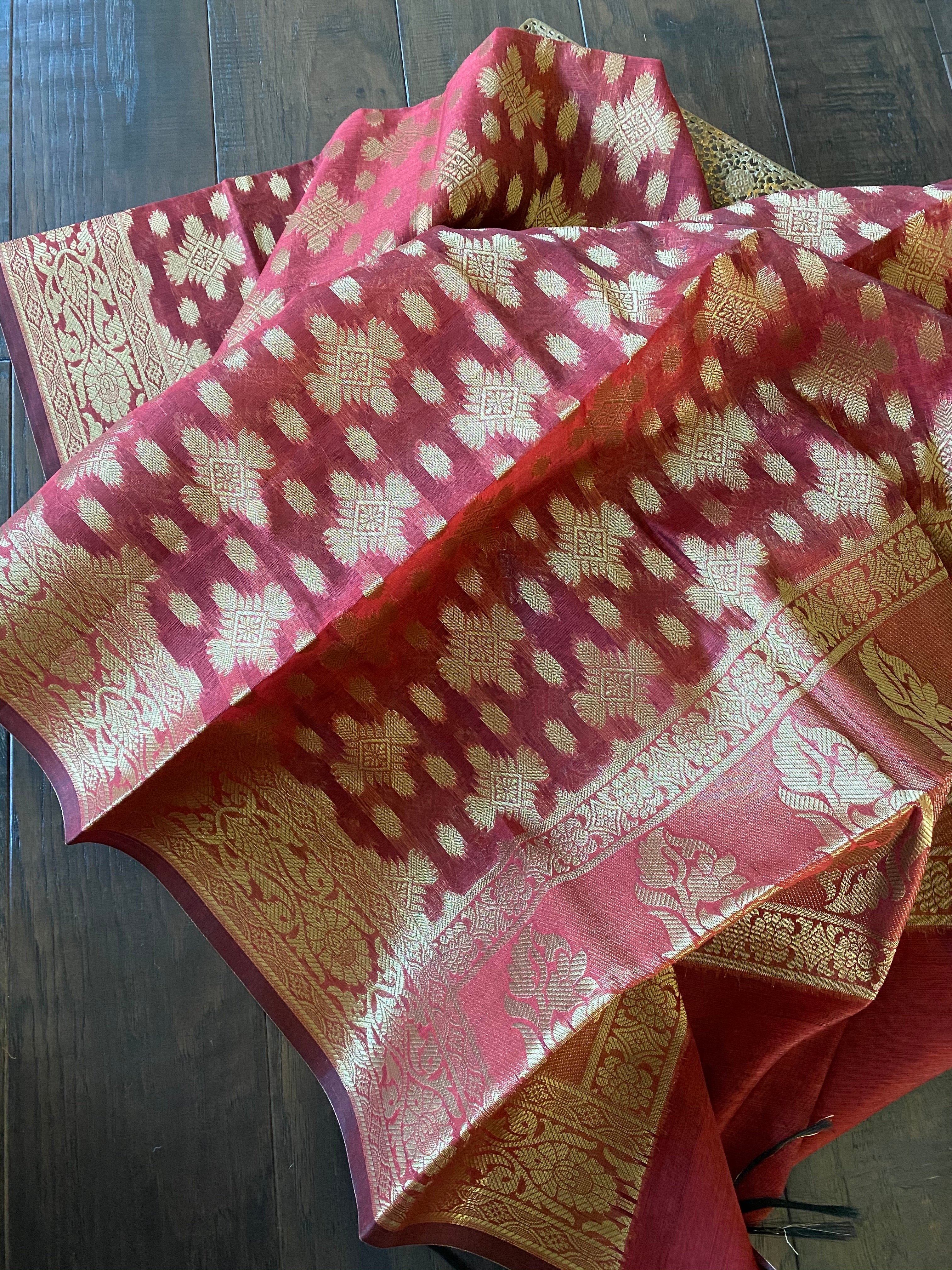 Silk Cotton Dupatta - Reddish Maroon Golden Zari