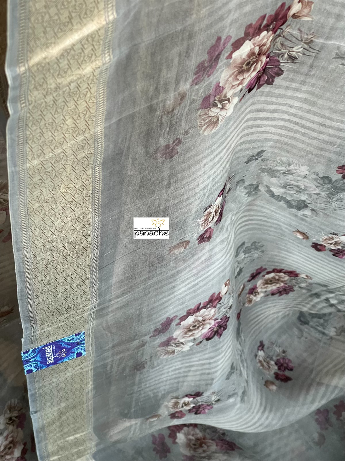 Banarasi Organza Floral - Grey Antique Golden Zari