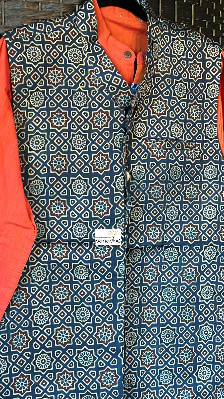 Silk Ajrakh Waist Jacket/Coat Men - Blue Maroon XL 42