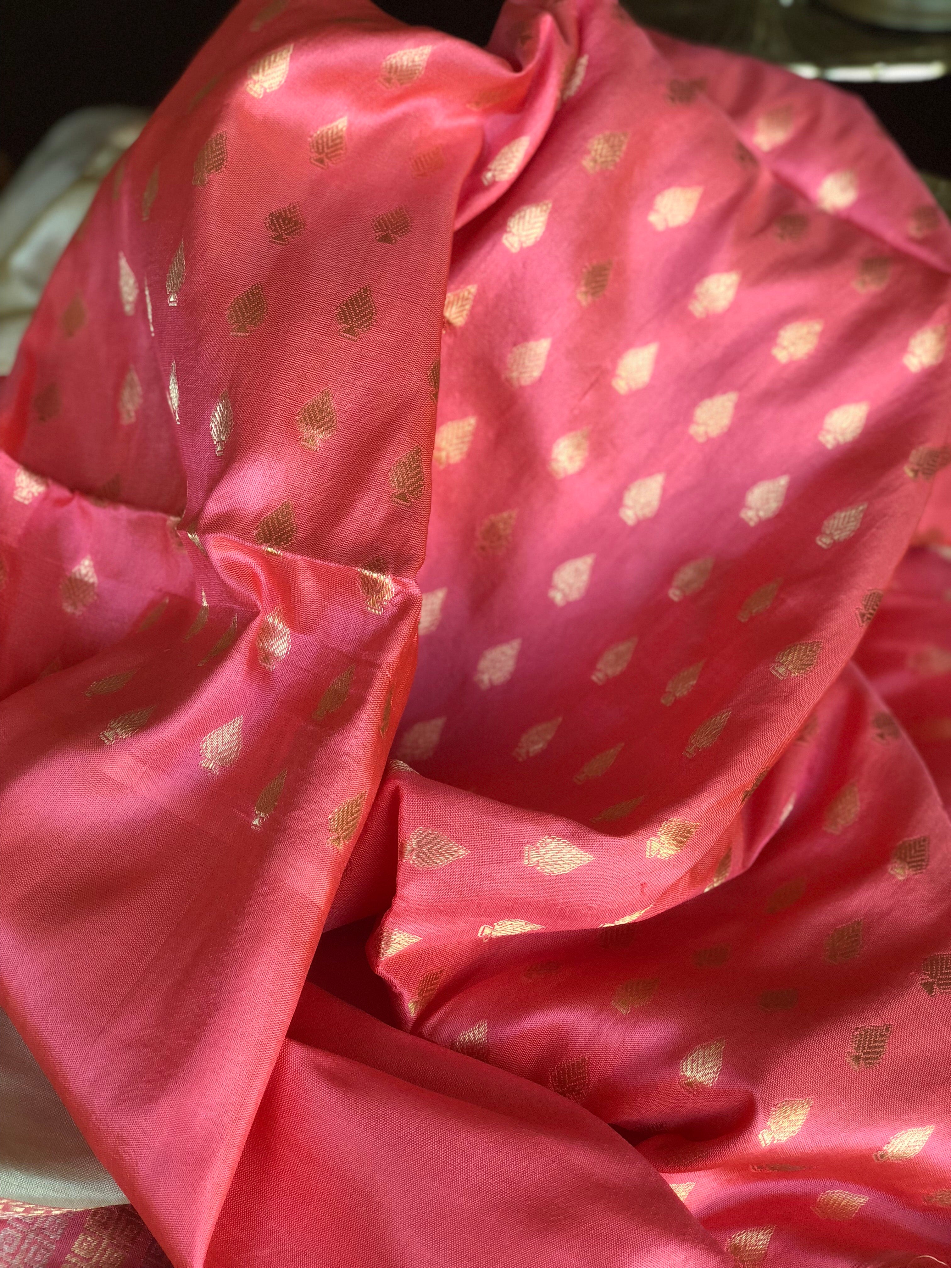Pure Katan Silk Benarasi - Ivory Pink Golden Silver Zari