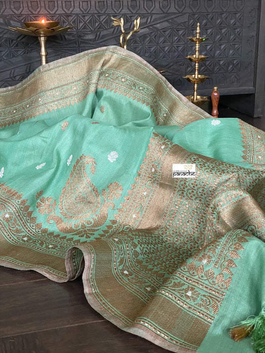 Pure Tassur Silk Banarasi - Light Teal Green Antique Zari