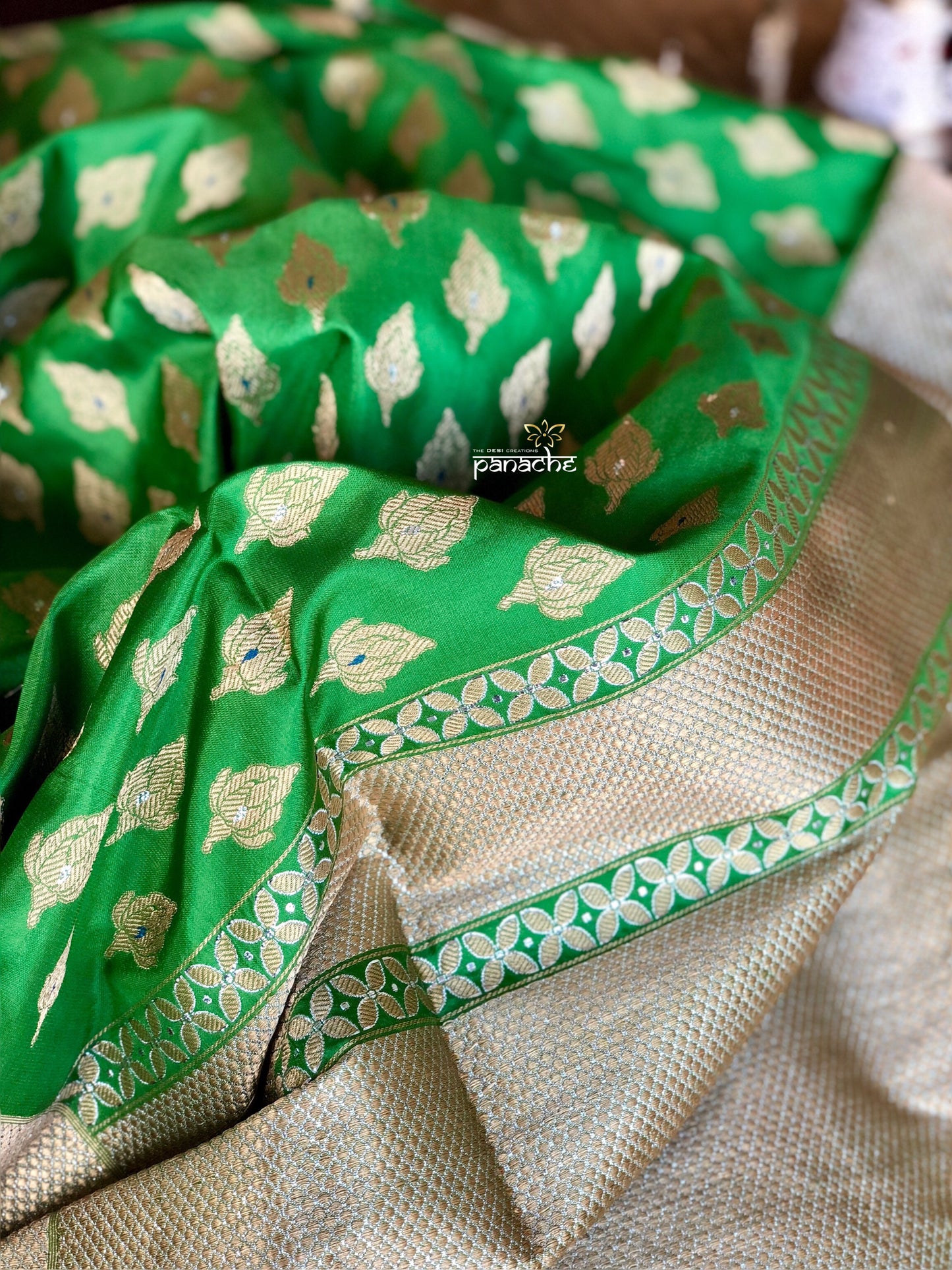 Silk Banarasi - Green Silver Golden Zari