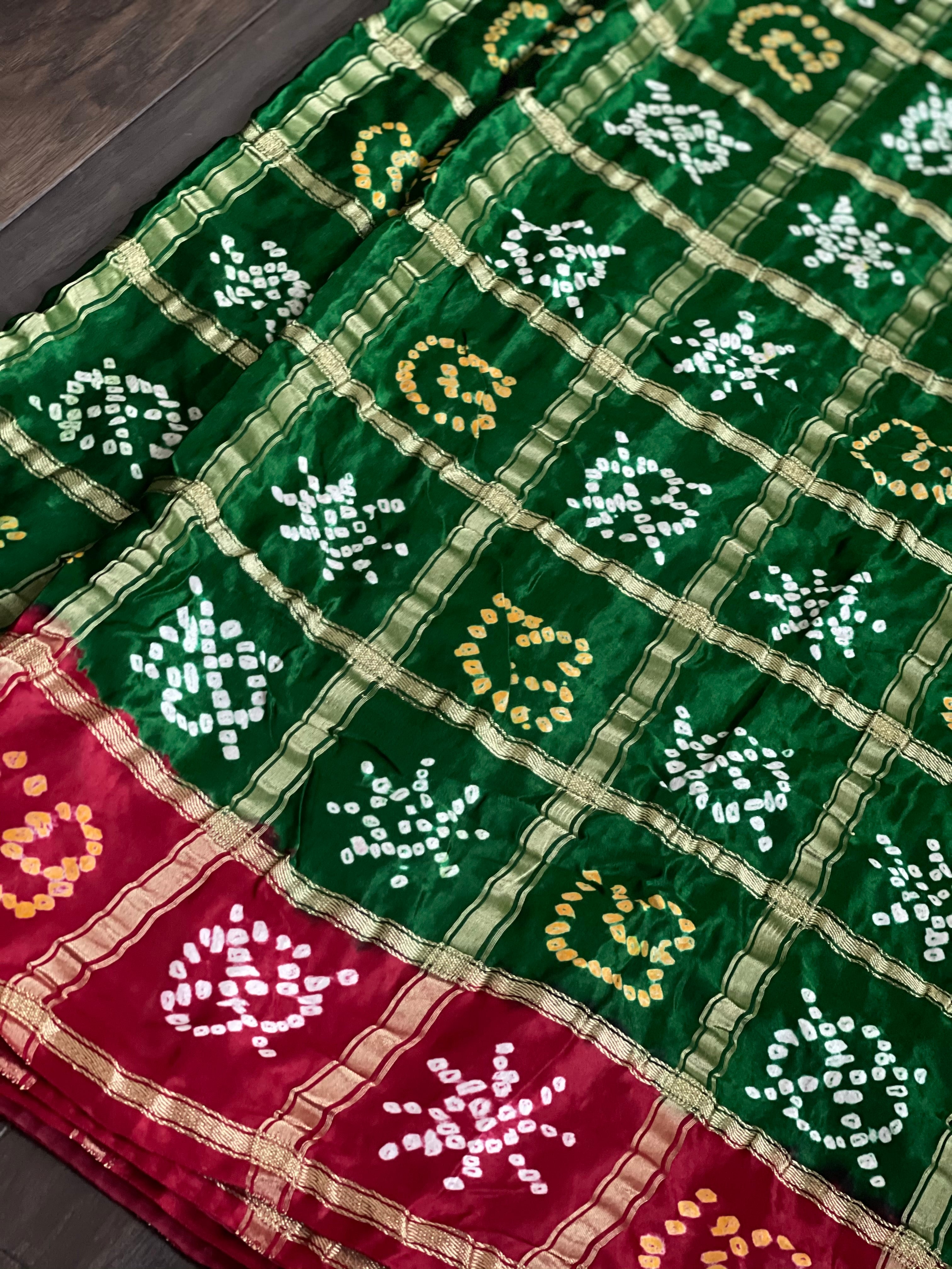 Pure Gajji Silk Gharchola - Green  Red Bandhej