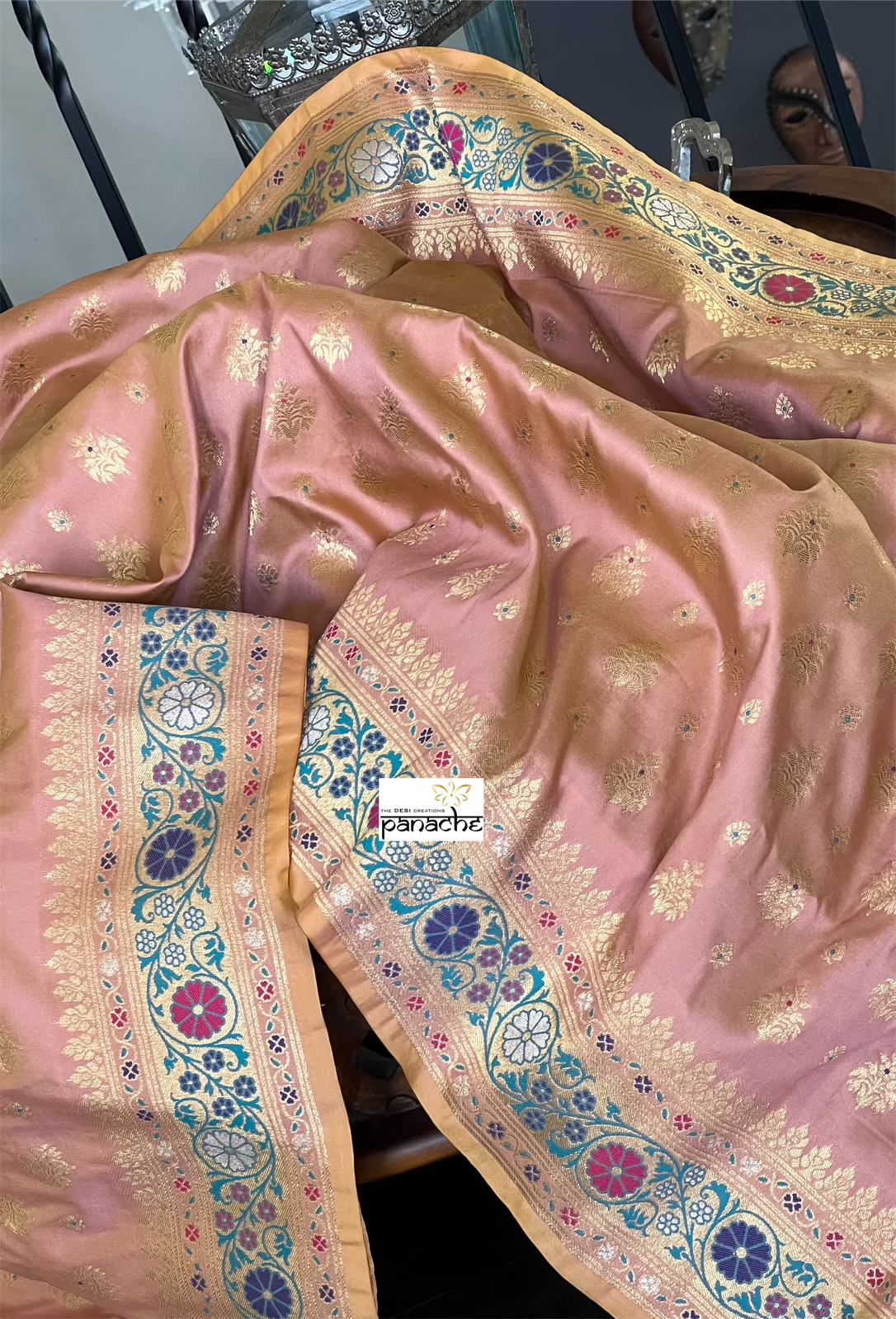 Soft Silk Meenakari Banarasi - Peach Antique Golden Zari