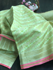 Silk Cotton Jamdaani Kora Banarasi - Fluorescent Green Zari woven