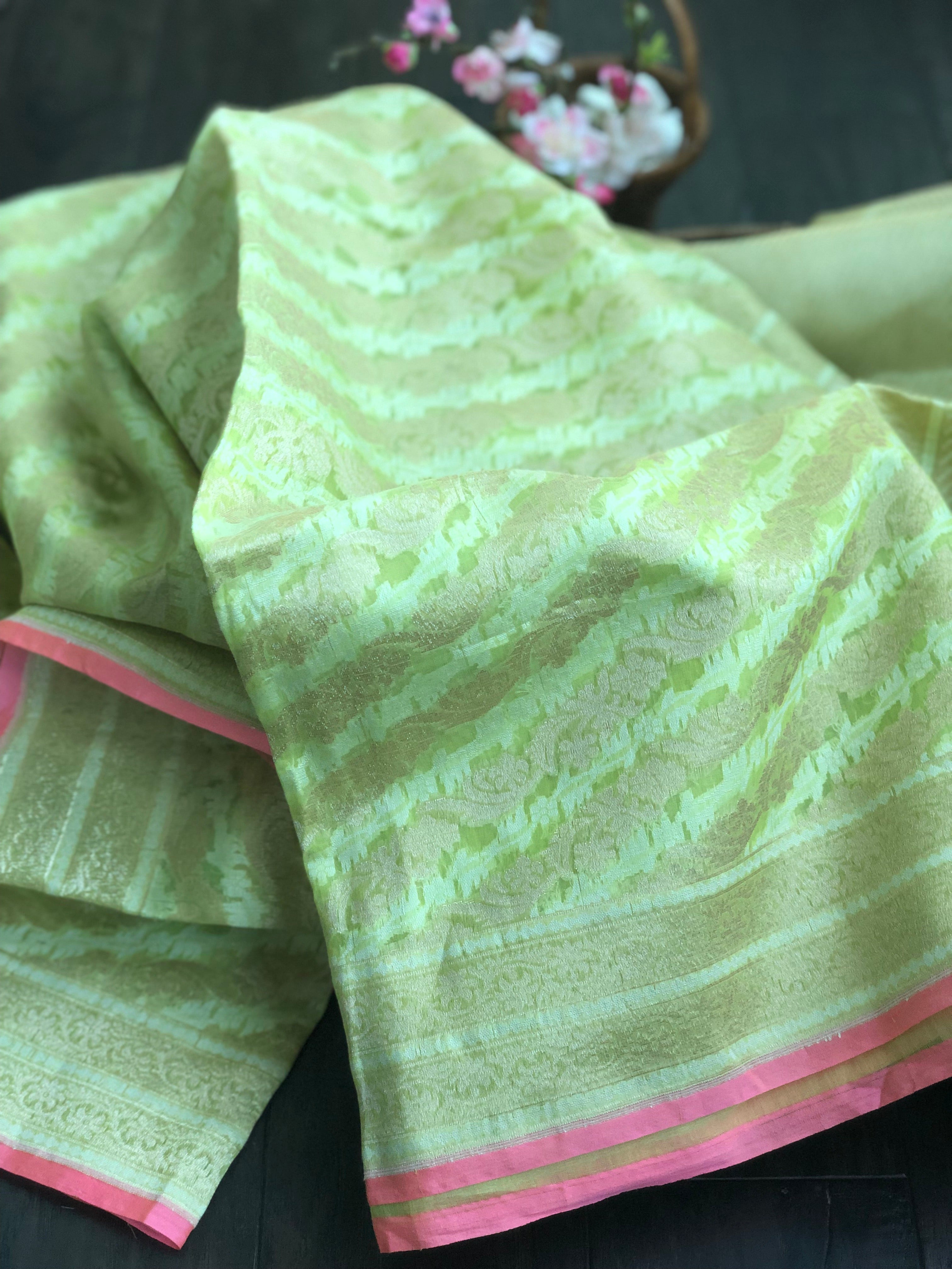 Silk Cotton Jamdaani Kora Banarasi - Fluorescent Green Zari woven