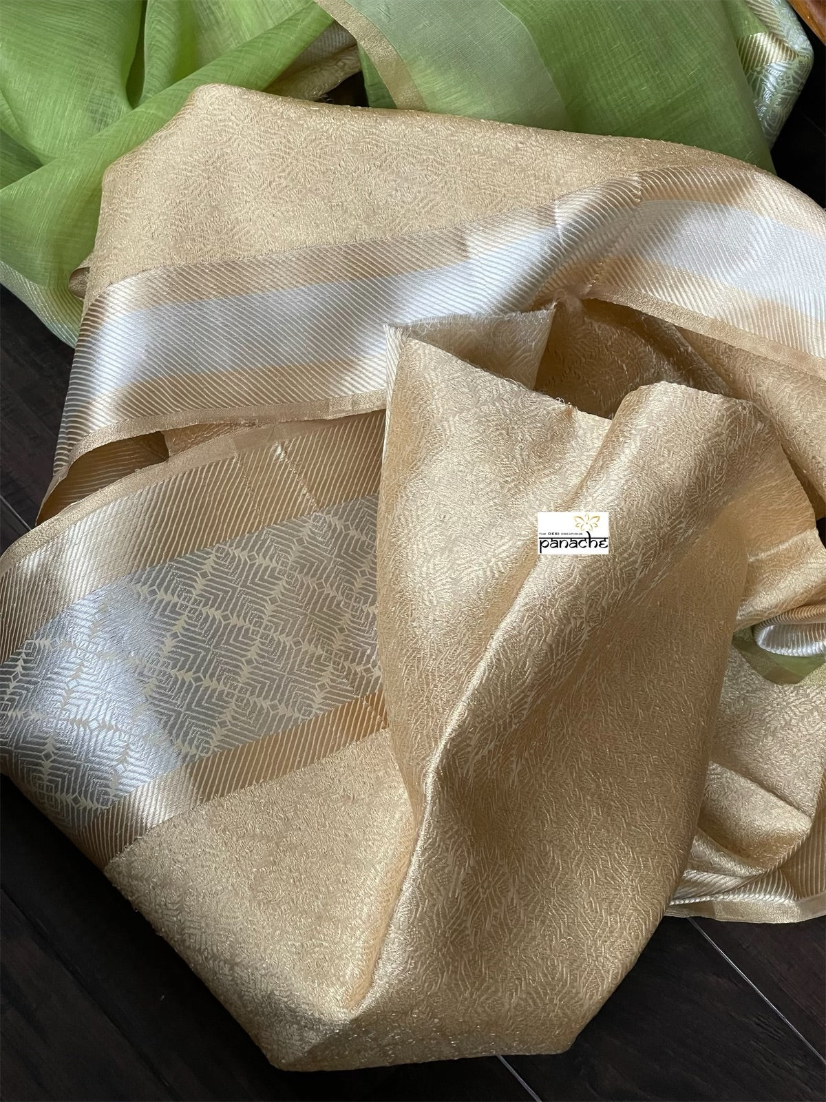 Linen Silk Banarsi - Pista Green Silver Golden Zari