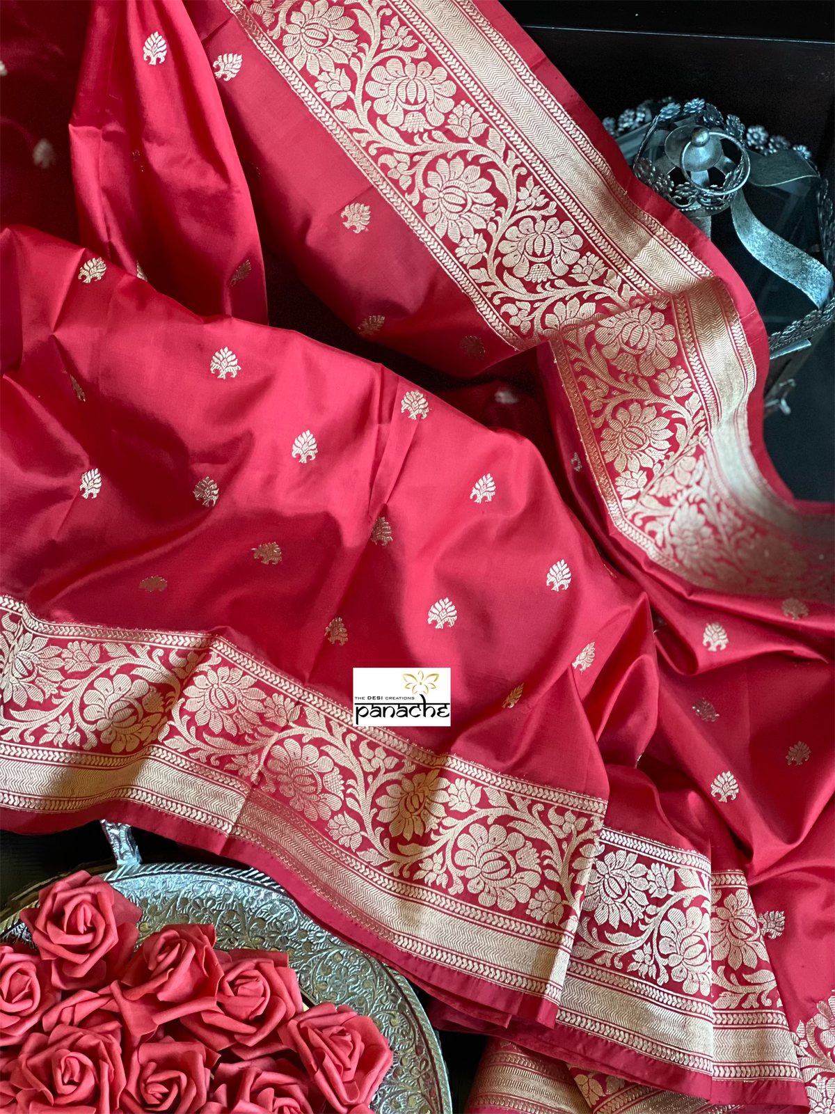 Katan Silk Banarasi -  Red Kadwa